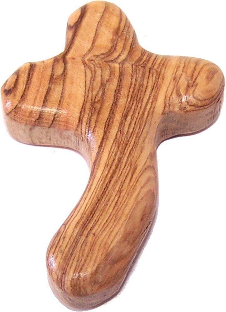 Holy Land Market Perfect Hand fit Olive Wood Cross - Carved Round and with Hand Shape (Small 2.6 In)
