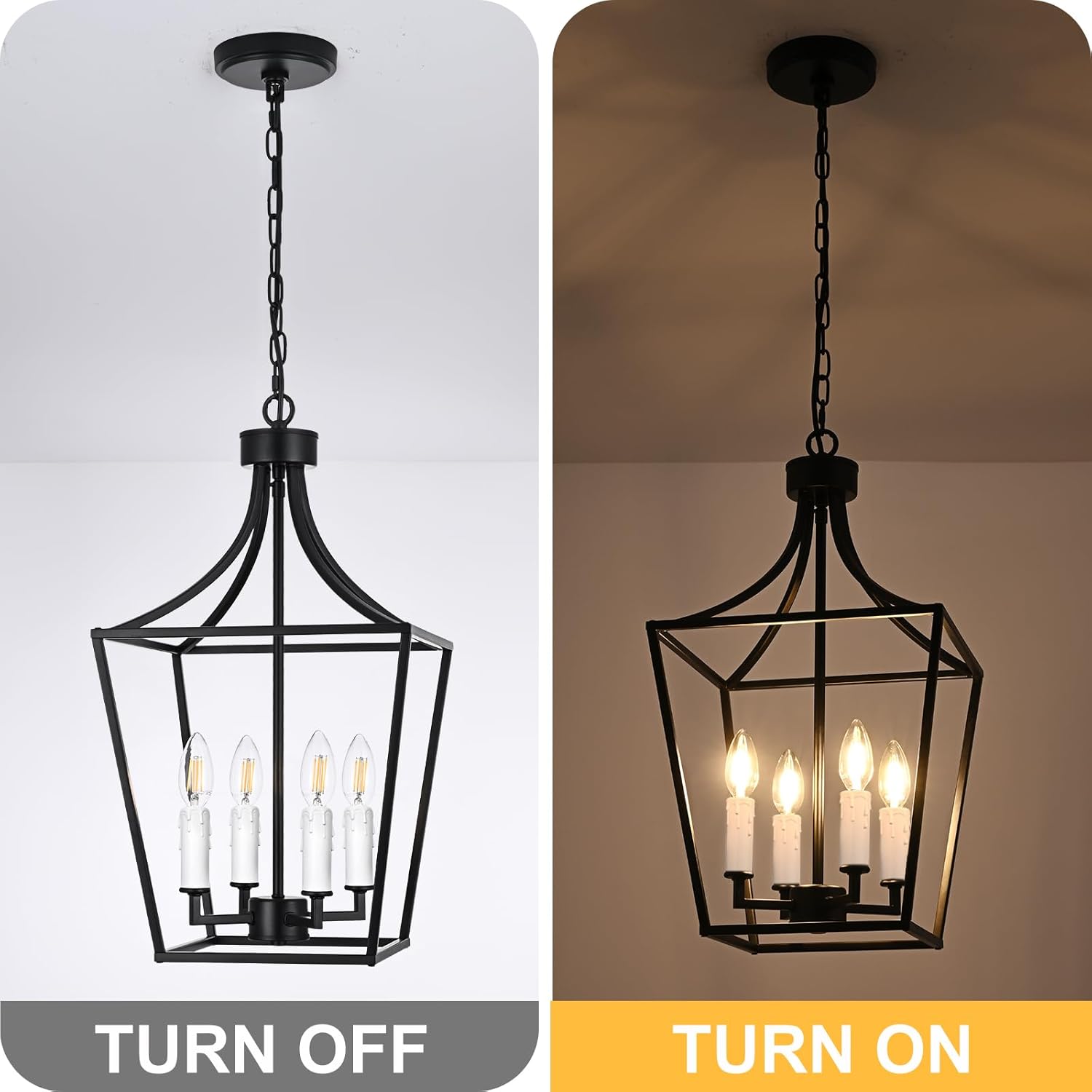 4-Light Black Lanter Chandelier, Height Adjustable Hanging Lighting, Farmhouse Dining Room Pendant Light Fixture for Kitchen Island Entryway Staircase, E12 Bulb Base