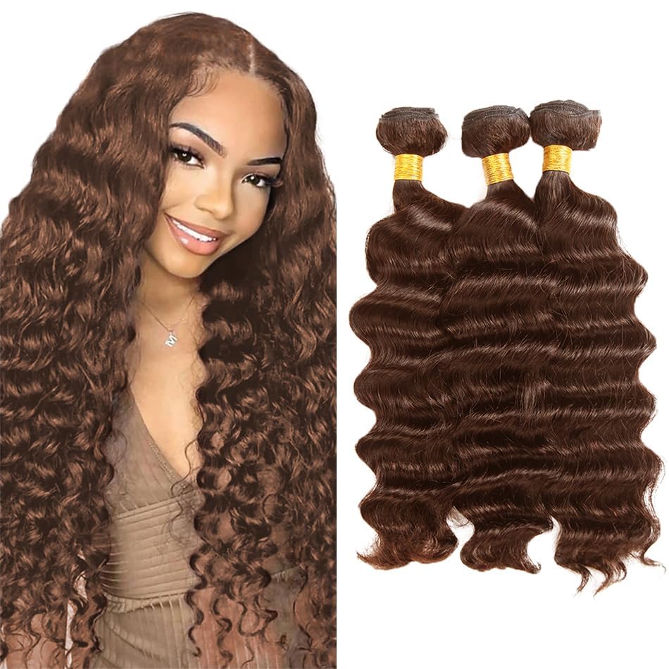 #4 Brown Bundles Human Hair Deep Wave Bundles 18 20 22 Inch Chocolate Unprocessed Brazilian Virgin Hair 3 Bundle 50 Gram Per Bundle Deals Quick Weave Hair Extensions 18 20 22 Inch #4 Deep Wave Bundles Human Hair