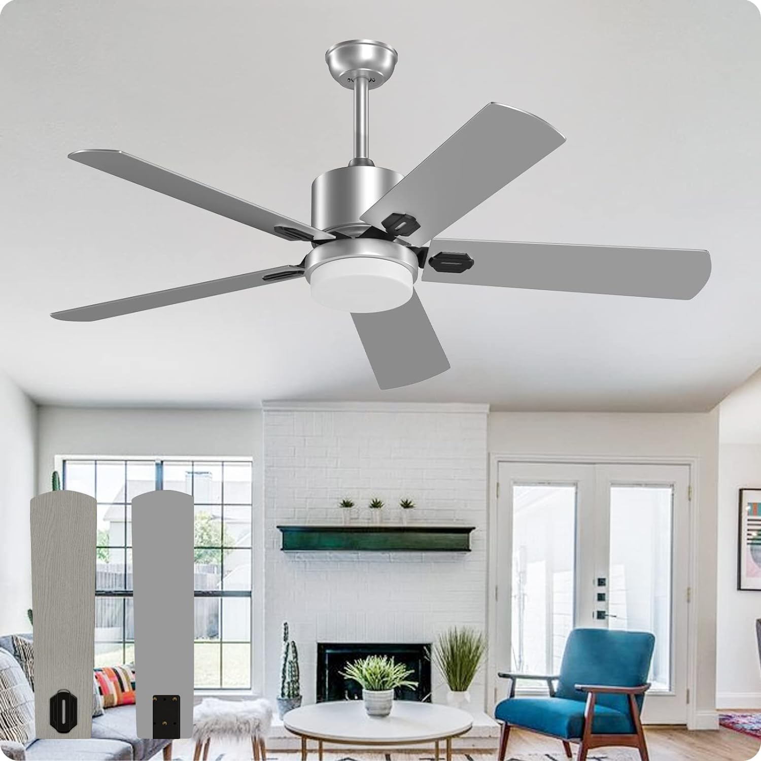 Ceiling Fan with Lights and Remote, 52 Inch Outdoor Ceiling fans 6 Speed Control Reversible DC Motor 5 Blades Fan for Patio Bedroom Living Room - Silver