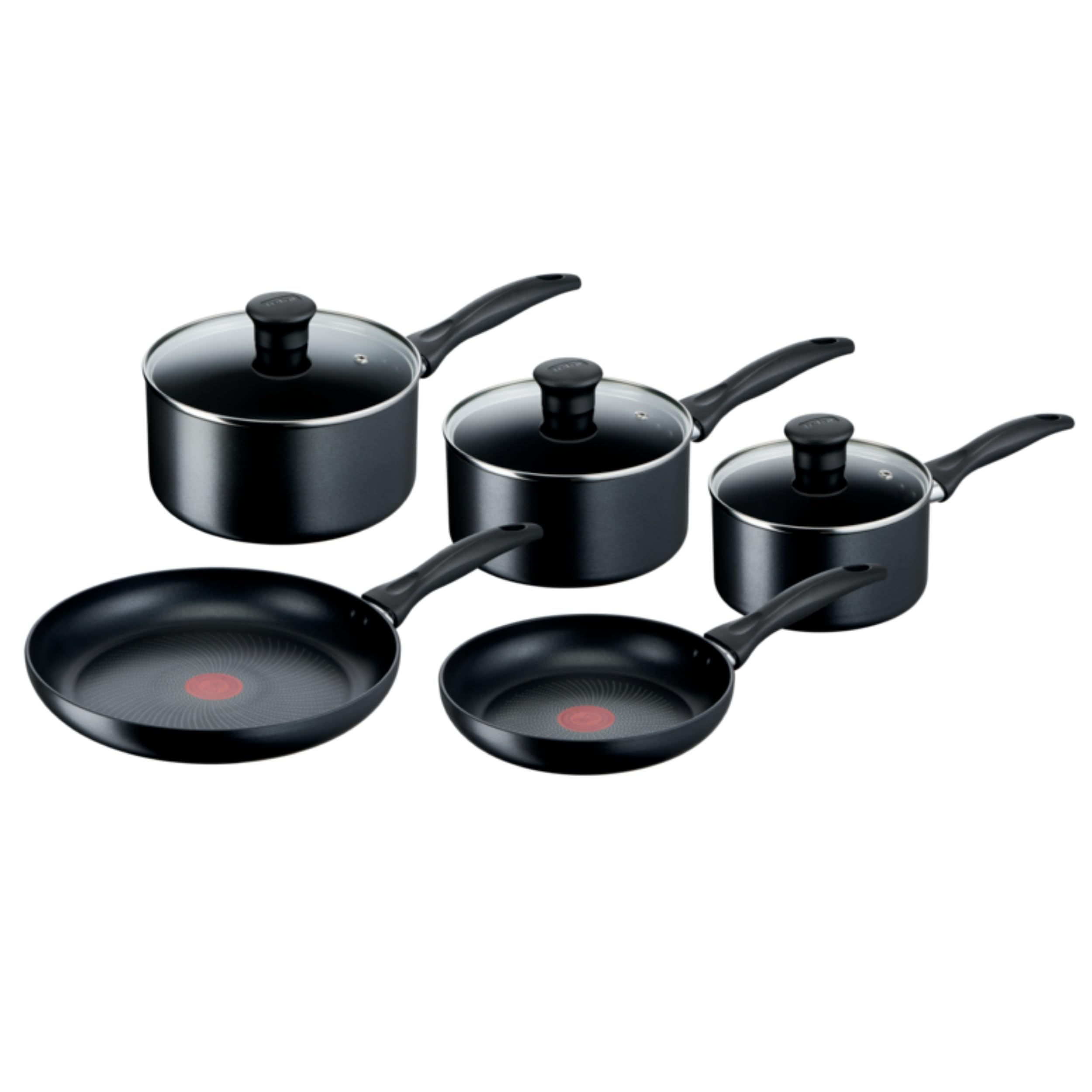 Tefal Induction Non‑Stick Coating 5‑Piece Cookware Set, 16/18/20 cm Saucepans + 22/26 cm Frying Pans, Thermo‑Signal, Glass Lids, All Hobs Including Induction, Black - G155S54