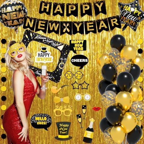 Happy New Year Decorations 2025 - Eve Party Supplies With Glitter Fringe Curtain, Balloons, Banner, Photo Booth Props & Dots Garlands