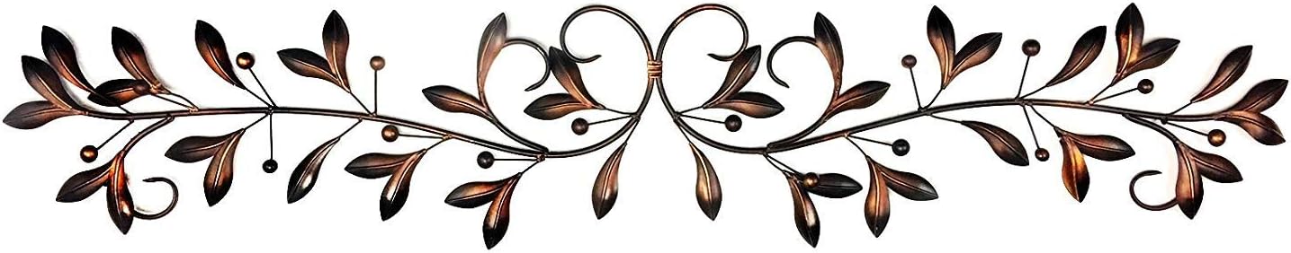 Bellaa 21956 Metal Wall Decor Over The Door Window Olive Branch Leaf Scroll Wrought iron Plaque Hanging Art Boho Home Decor Garden Patio Farmhouse Ranch Floral Accents 48 inch Brown