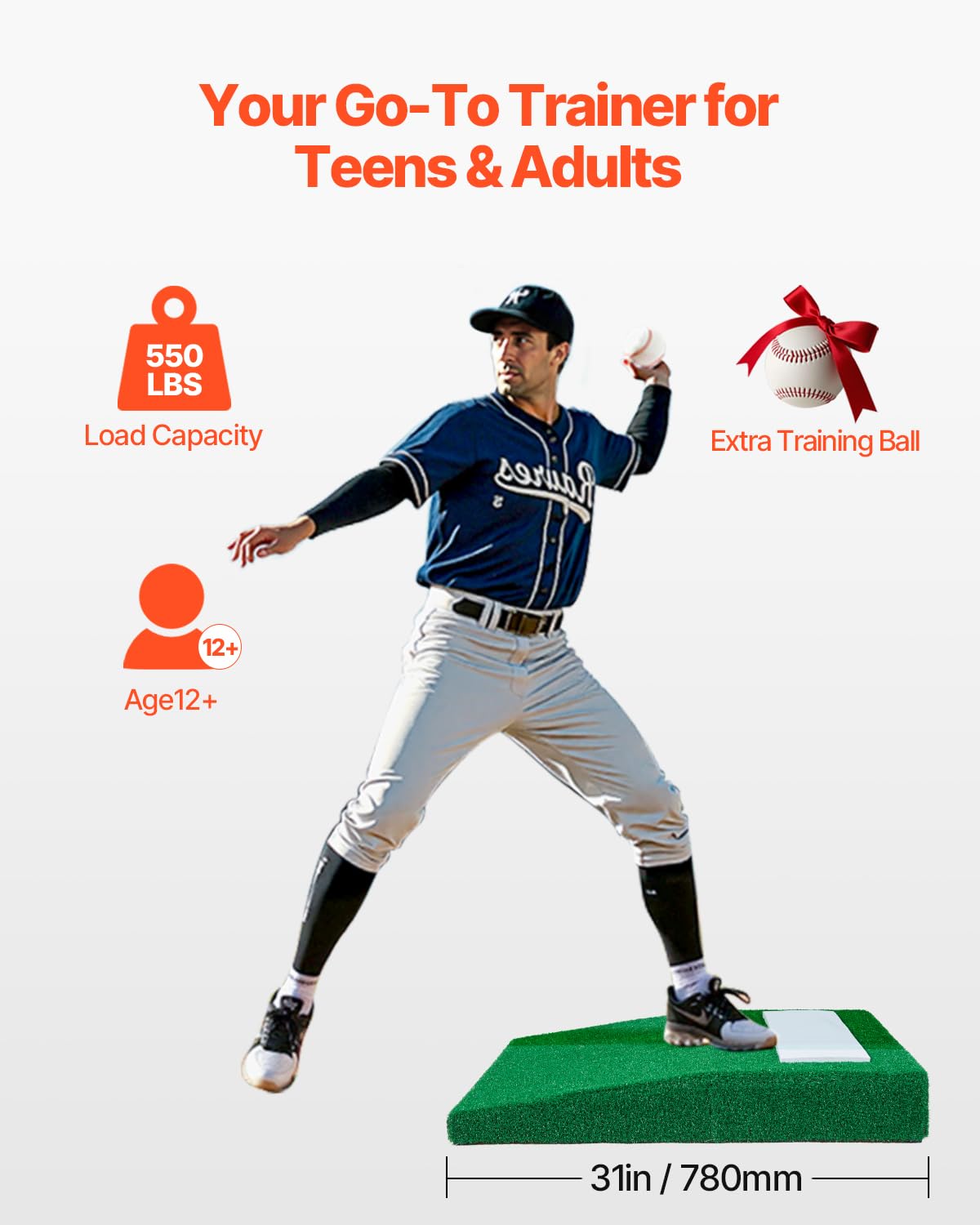 VEVOR Monte di Lancio Portatile per Baseball, 78,74 cm Attrezzatura per Allenamento e Pratica di Lancio per Interni Esterni, Erba Sintetica Anti-Scolorimento, Gomma per Lancio, Maniglia per Trasporto