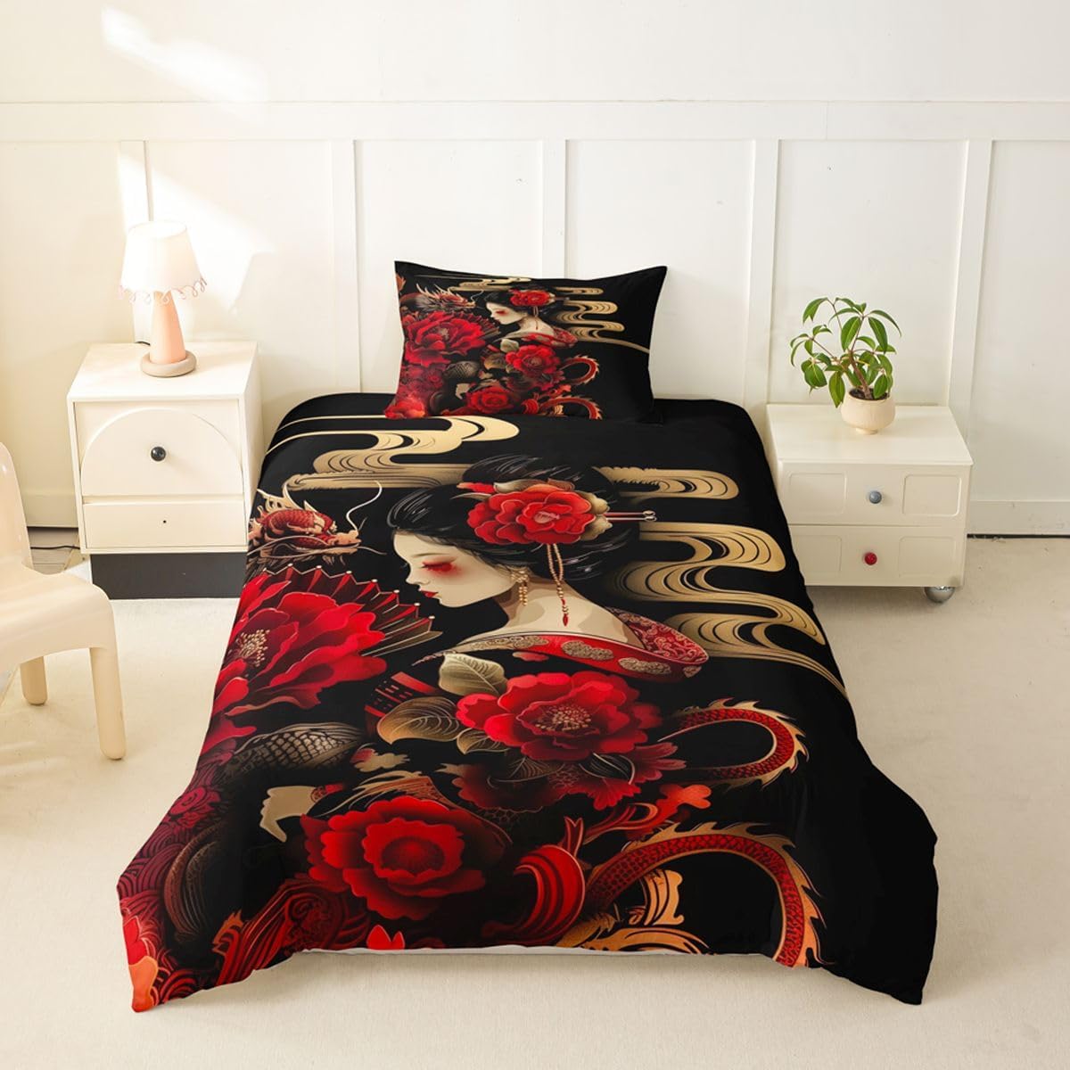 jejeloiu Japanese Geisha Duvet Cover Toddler Size Japan Ukiyoe Art Comforter Cover for Boys Girls Exotic Traditional Bedding Set 2Pcs Red Vintage Floral Room Decor