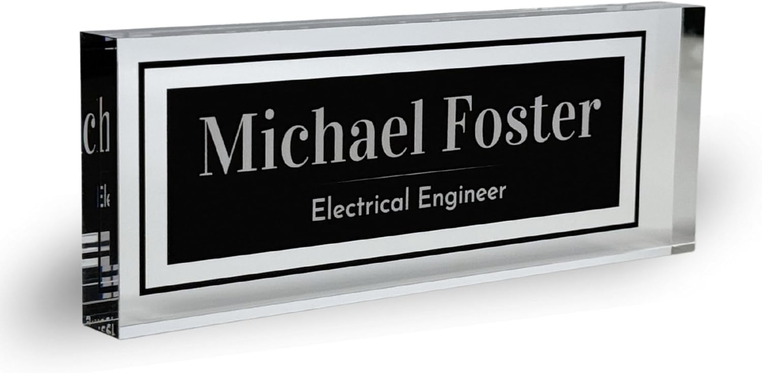 Customized Clear Acrylic Thick 8x3" Desk Name Plate Block with Personalized Logo - Professional Office Decor - Customized Acrylic Plate Gift for Teacher Co-workers (Elegant Charcoal)