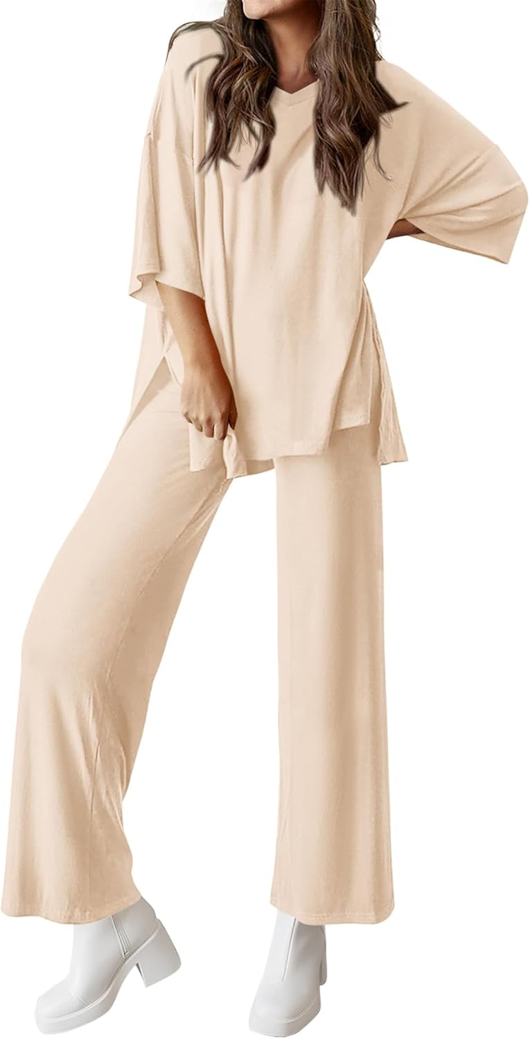 Casual 2-Piece Loose-Fit Short Sleeve Top & Wide-Leg Pants, Womens Summer 2 Piece Outfits Womens Lounge Set, with Pockets
