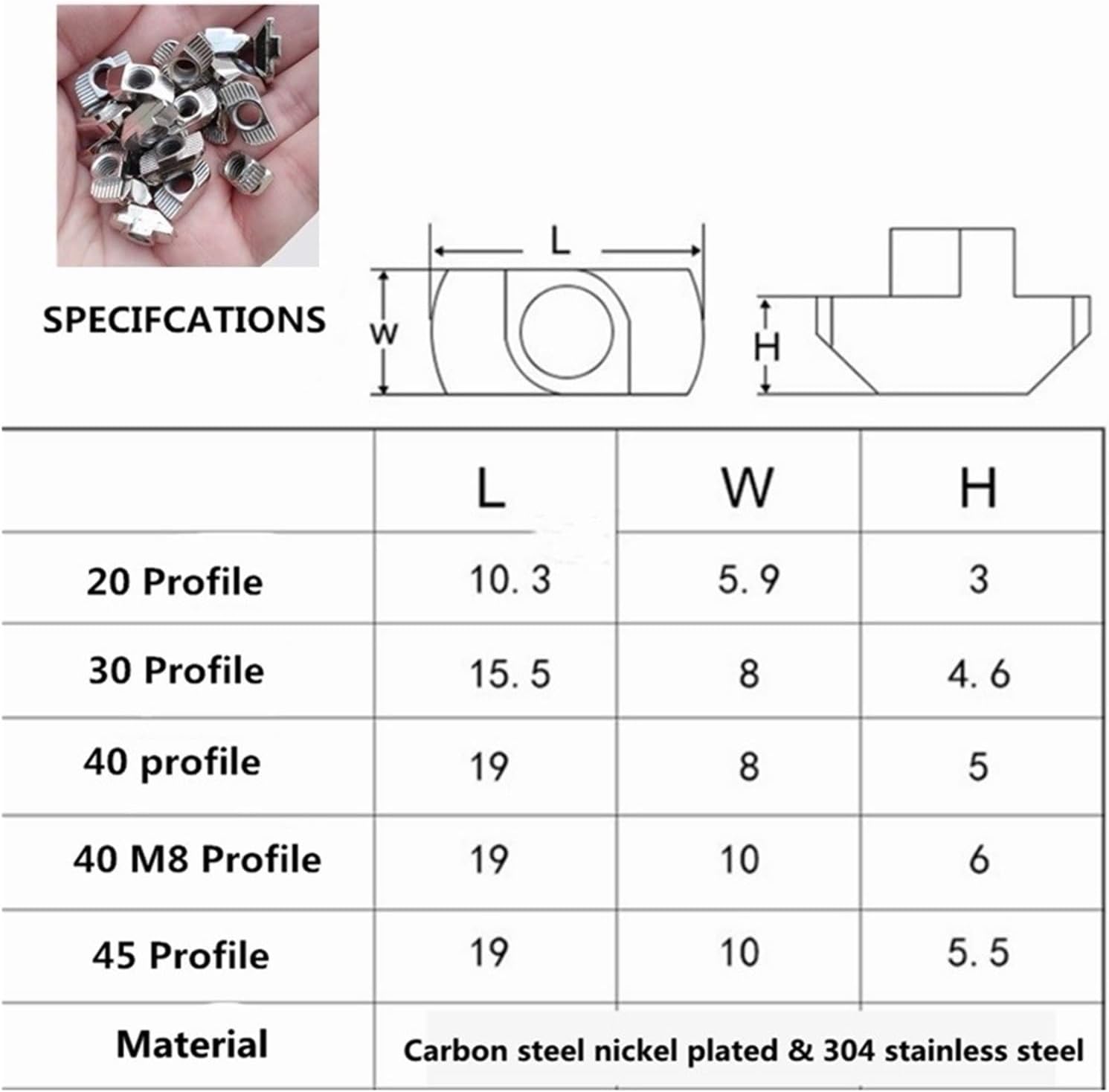 M3 M4 M5 M6 M8 Thread T Nut T-Slot Carbon Steel 2023 3030 4040 4545 Series Aluminum Profiles (Color : 20pcs Carbon Steel, Size : 40 T-nut M4)