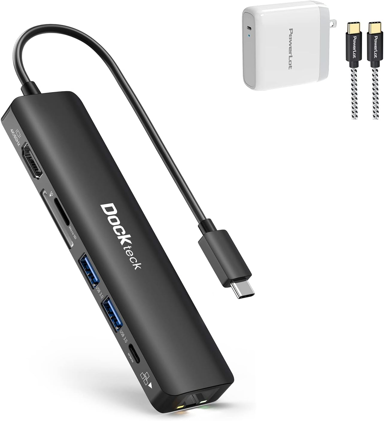 USB C Charger 100W PowerLot GaN Tech USB C Wall Charger with Foldable Plug and 6ft USB-C Cable Bundle with Dockteck 7-in-1 USB C Hub with 4K 60Hz HDMI, 1Gbps Ethernet, 100W PD, 2 USB 3.0, SD/Micro SD
