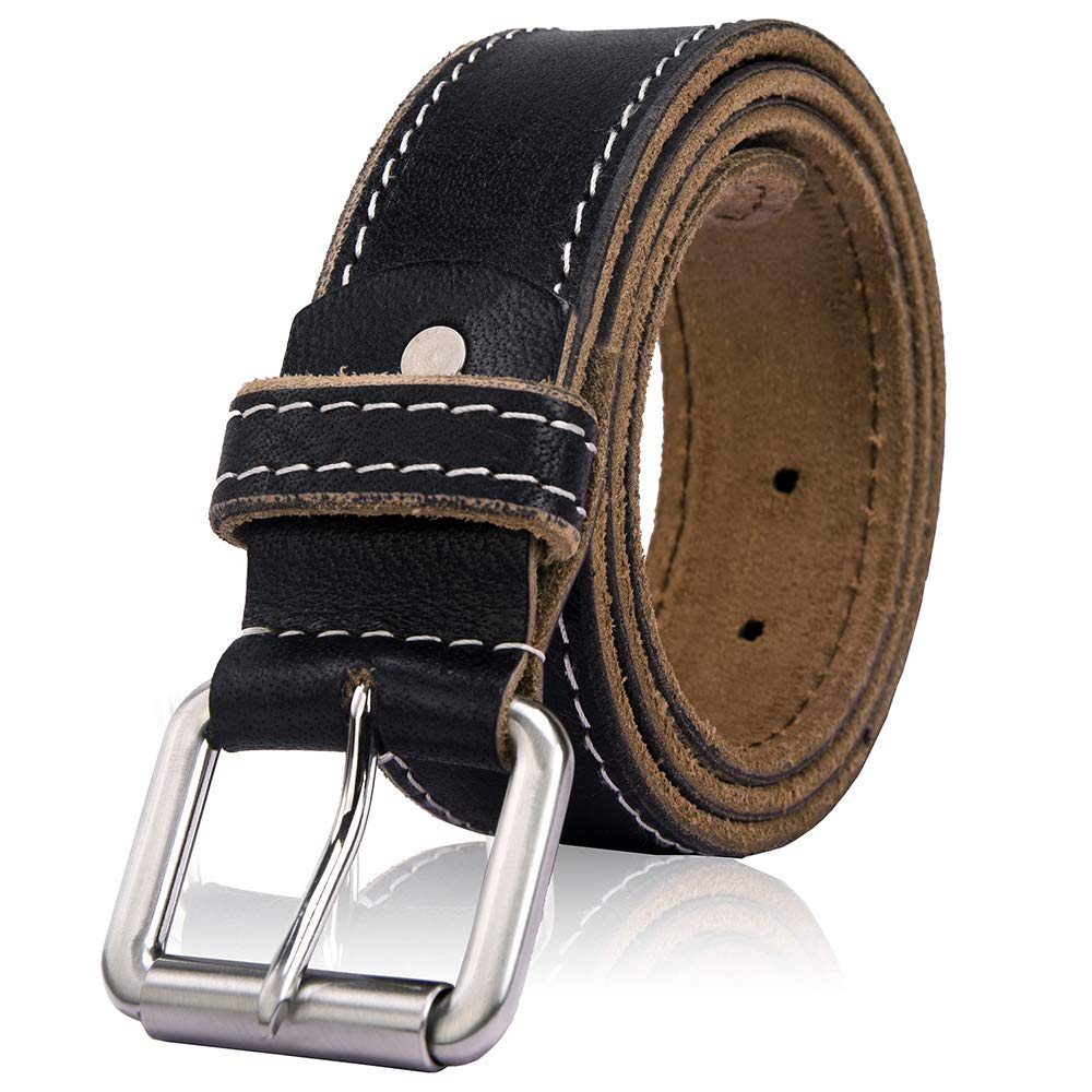 Mens Genuine Leather Full Grain Stitched Buckle Casual Belt for Trousers Jeans(32-34, BLACK)