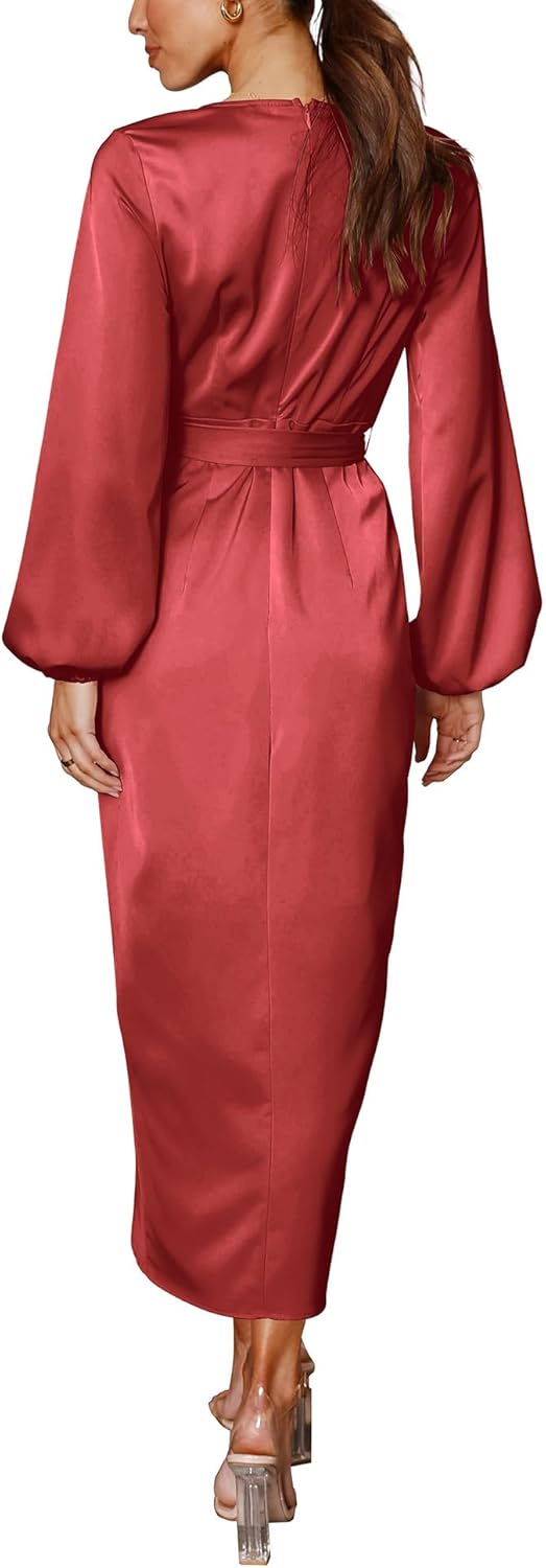 Cosonsen Women's Long Sleeve V-Neck Tie Waist Split Formal Cocktail Wedding Guest Dresses - Image 4