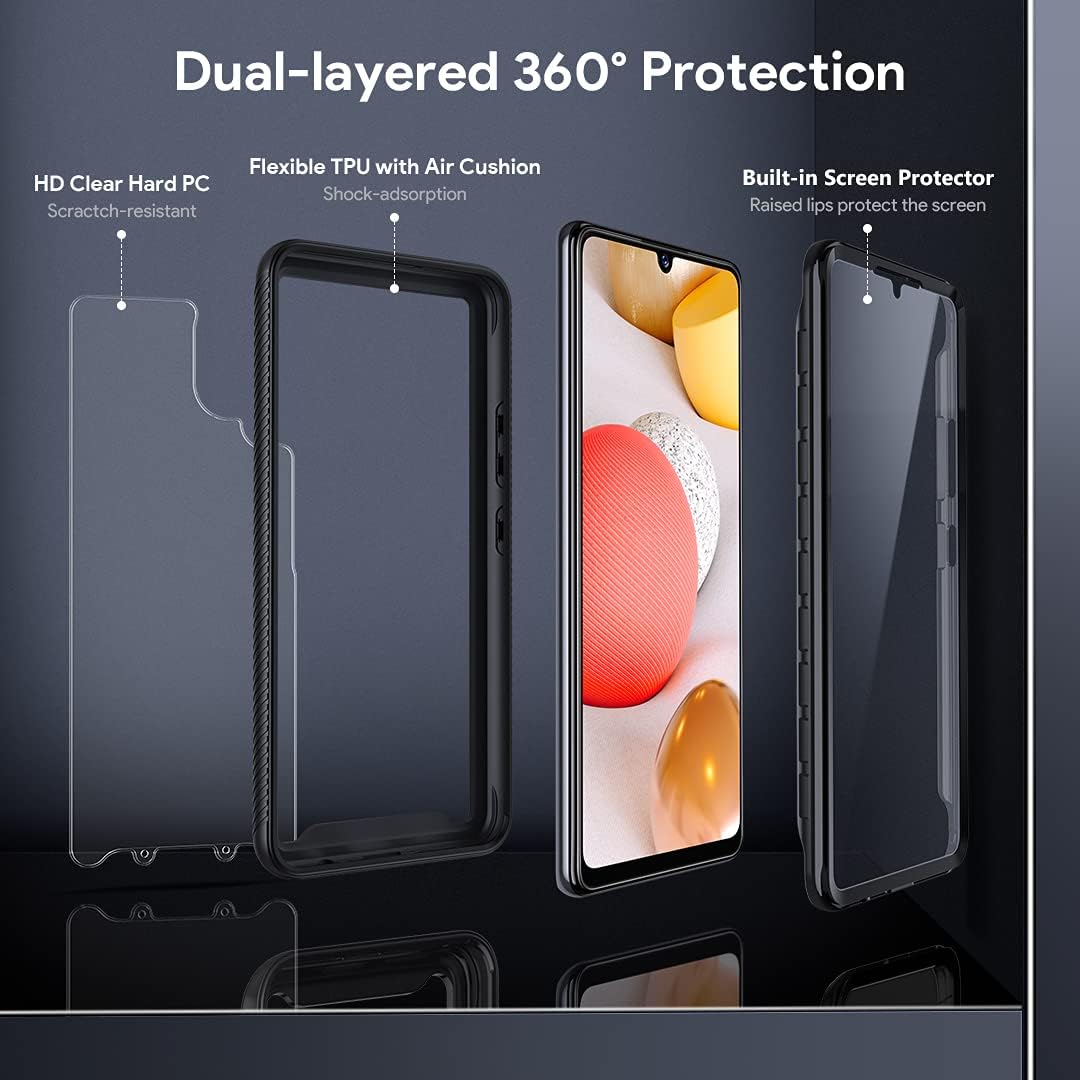 HATOSHI Samsung Galaxy A42 5G Case with Built in Screen Protector, with 2 Pack Camera Lens Protector, [Military-Grade Shockproof] Full-Body Rugged Bumper Protective Phone Case Cover for A42 5G, Black