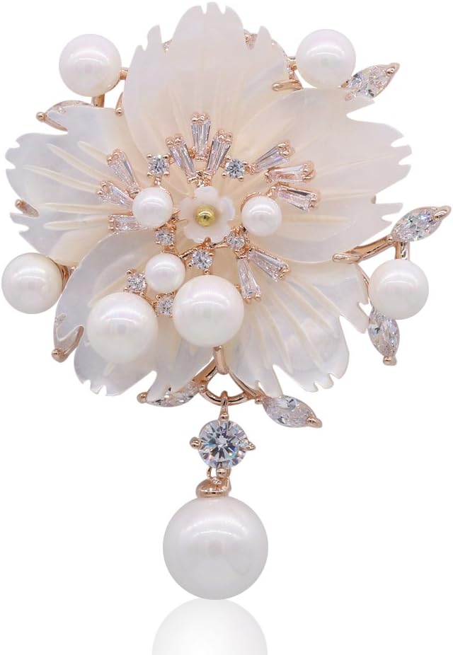 Brooch Pin Fashionable Accessories Shell Pearl Crystal Flower Brooches Safety Pin Gold for Women Girls