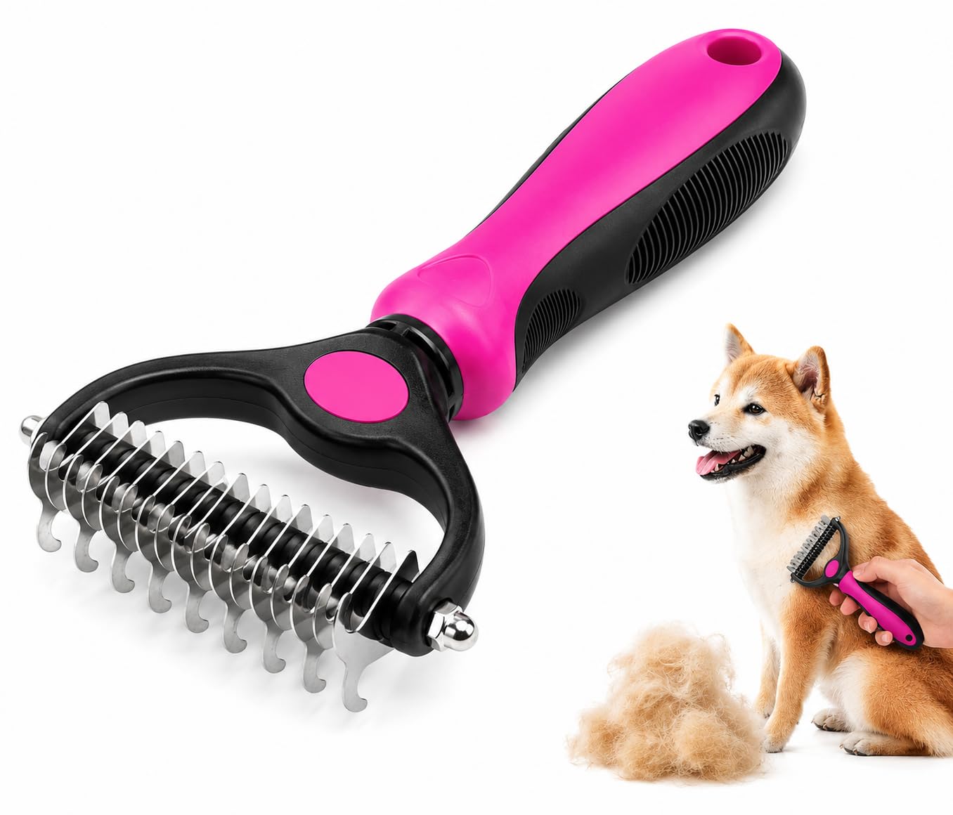 Double-Sided Undercoat Rake for Dogs & Cats, Deshedding Brush for Long Haired Pets, Pet Grooming Comb for Dematting, Undercoat Comb for Dogs Cats (Pink Red)