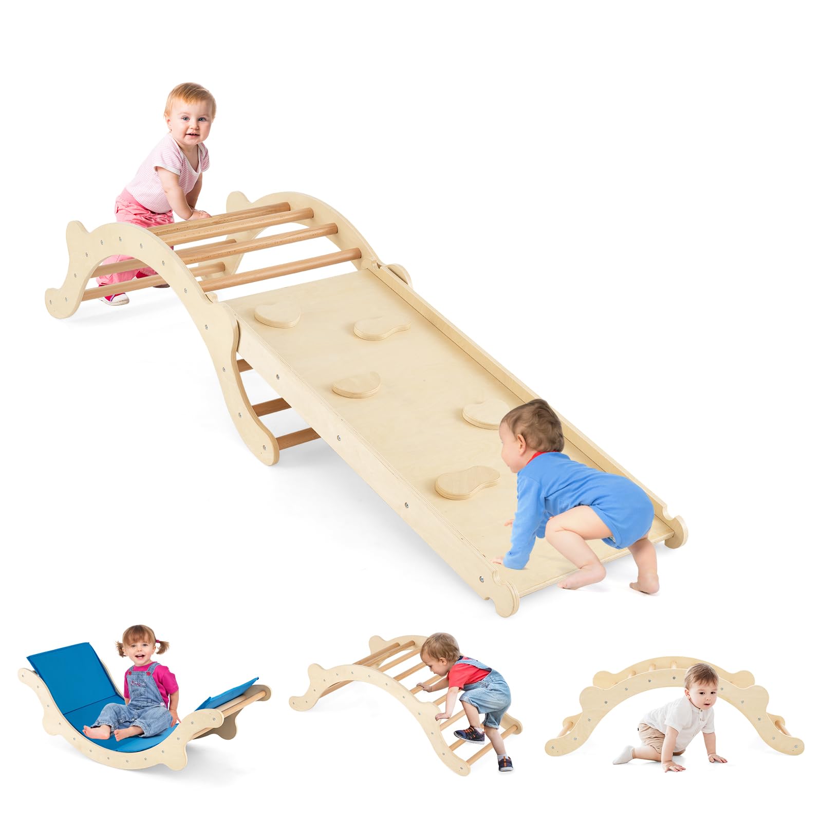 COSTWAY 4 in 1 Set da Arrampicata per Bambini, Scala Giochi Arrampicata con Tappetino, Scala a Volta Versatile per Arrampicarsi e Scivolare, Carico 60 kg (Naturale)