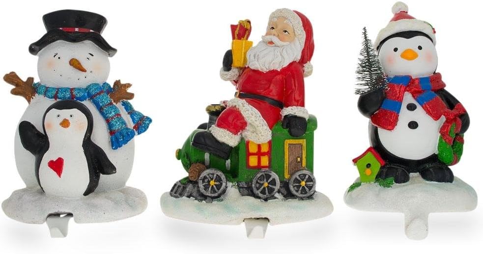 BestPysanky Set of 3 Hand Painted Stocking Holders - Penguin, Snowman & Santa 6.5 Inches