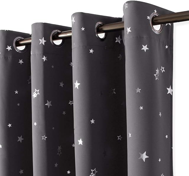 PONY DANCE Grey Kids Curtains - 52 x 54 Star Blackout Curtains for Preteen Bedroom Eyelet Top Foil Printed Blackout Material Curtains with Twinkle Stars for Kids Bedroom, 2 Panels