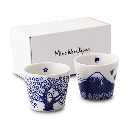Mino Ware Japan - Japanese Sake Cups Set of 2- Sakura and Mt. Fuji Design, Indigo Color Pottery, 3.9 fl oz, For Cold and Hot Drink, Soup Cup Aperitif Tea Cup with Gift Box