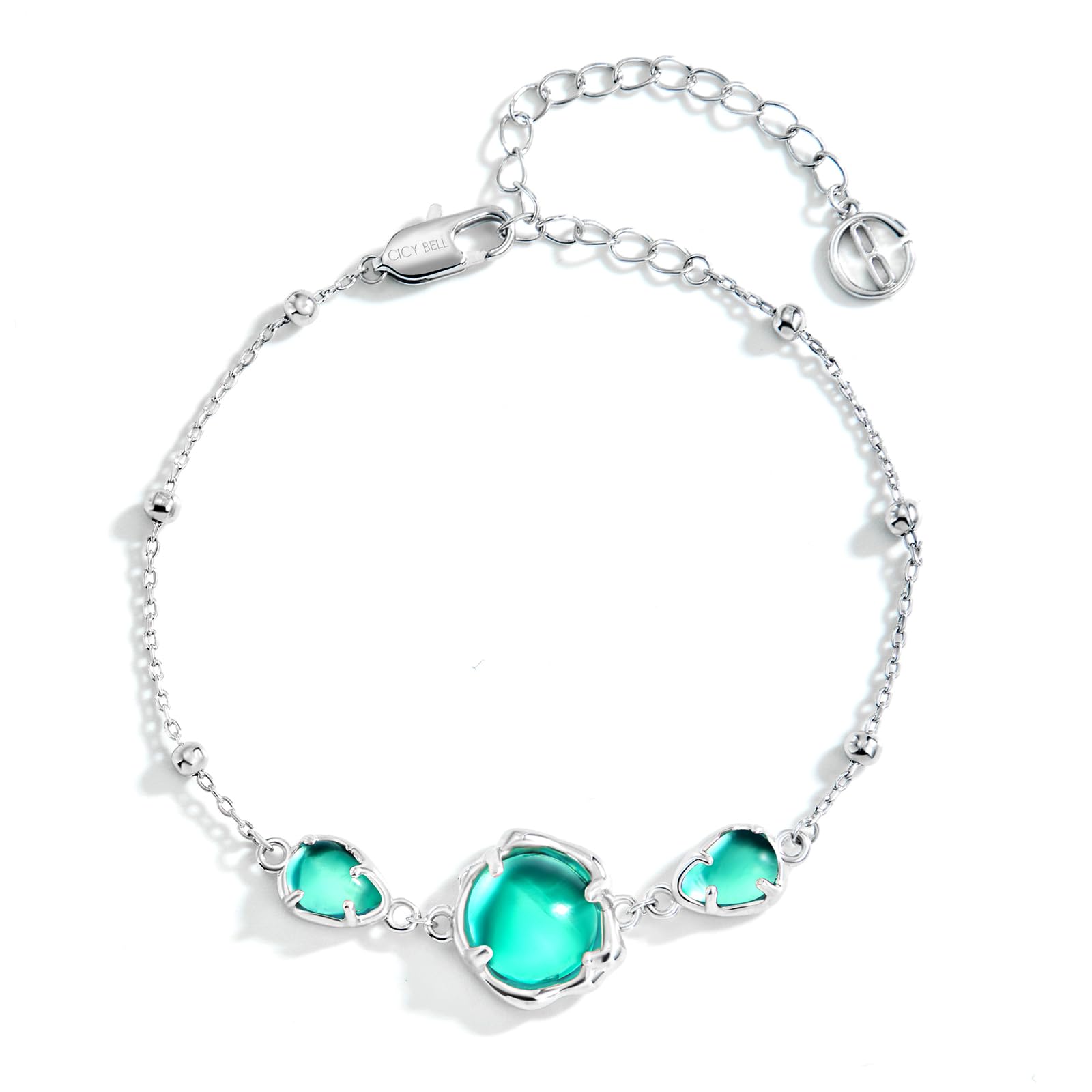 Cicy BellPlatinum Plated Link Bracelet Synthetic Moonstone Adjustable Cable Chain Station Bracelets, 5.9"+ 1.9" Extender