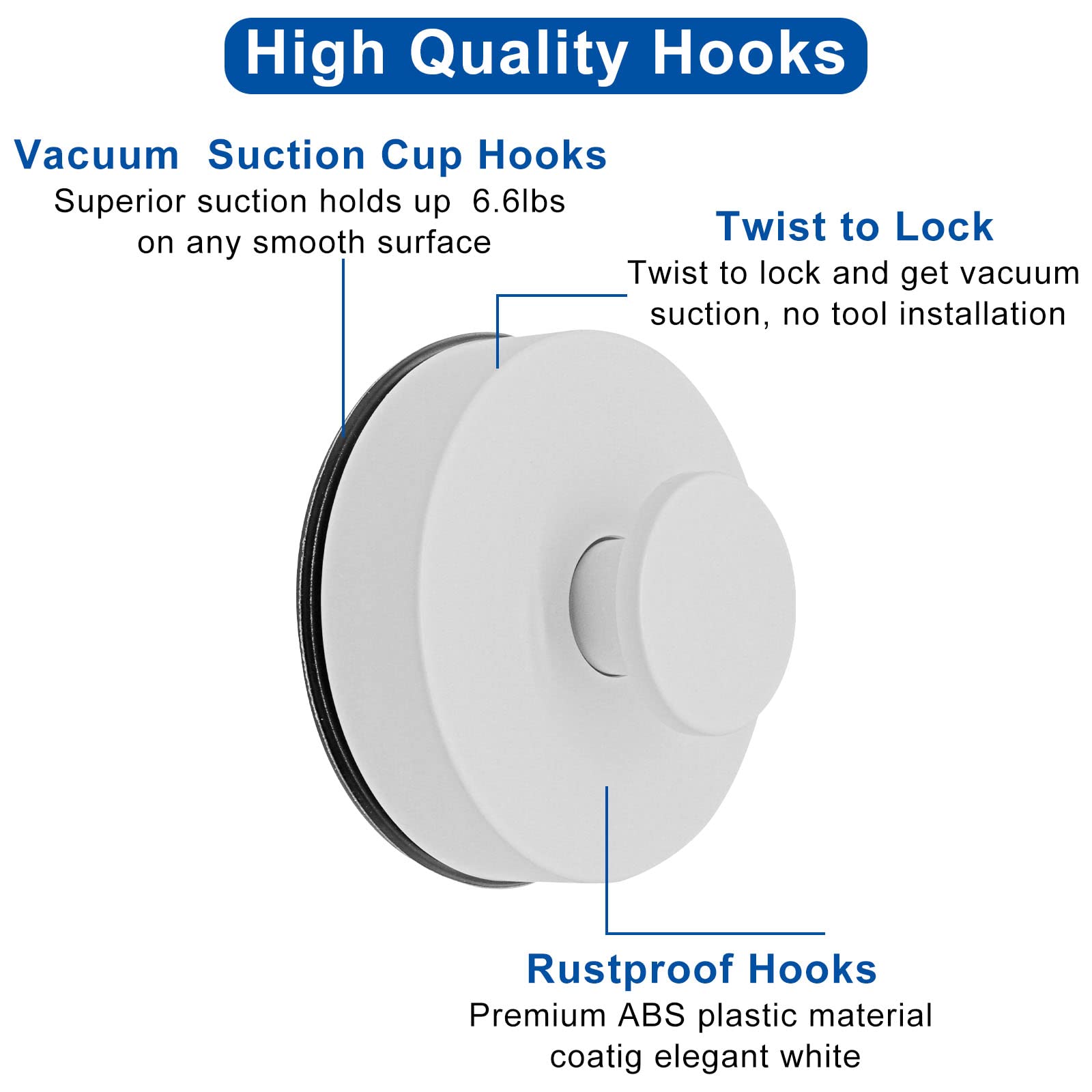 2pcs Strong Suction Cup Hooks For Shower - 6.6lb Capacity Waterproof Removable Hooks For Glass & Tile