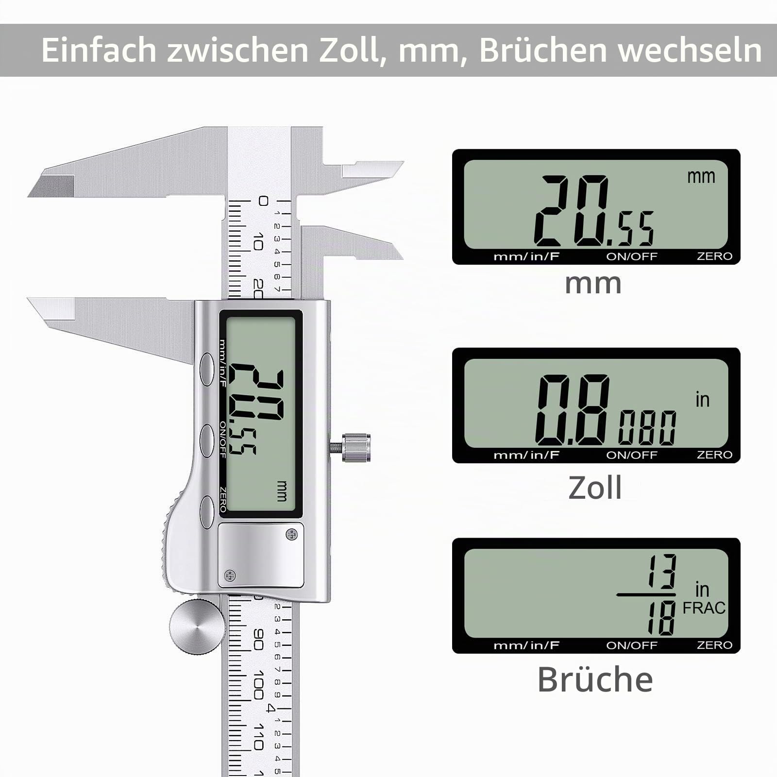 Proster Digitaler Messschieber 8 Zoll/200mm + 32 Fühlerlehre Schieblehre Edelstahl Elektronischer Meßschieber Zoll/Fraktionen/Metrisch Messschieber für Länge Breite Tiefe Innen-/ Außendurchmesser