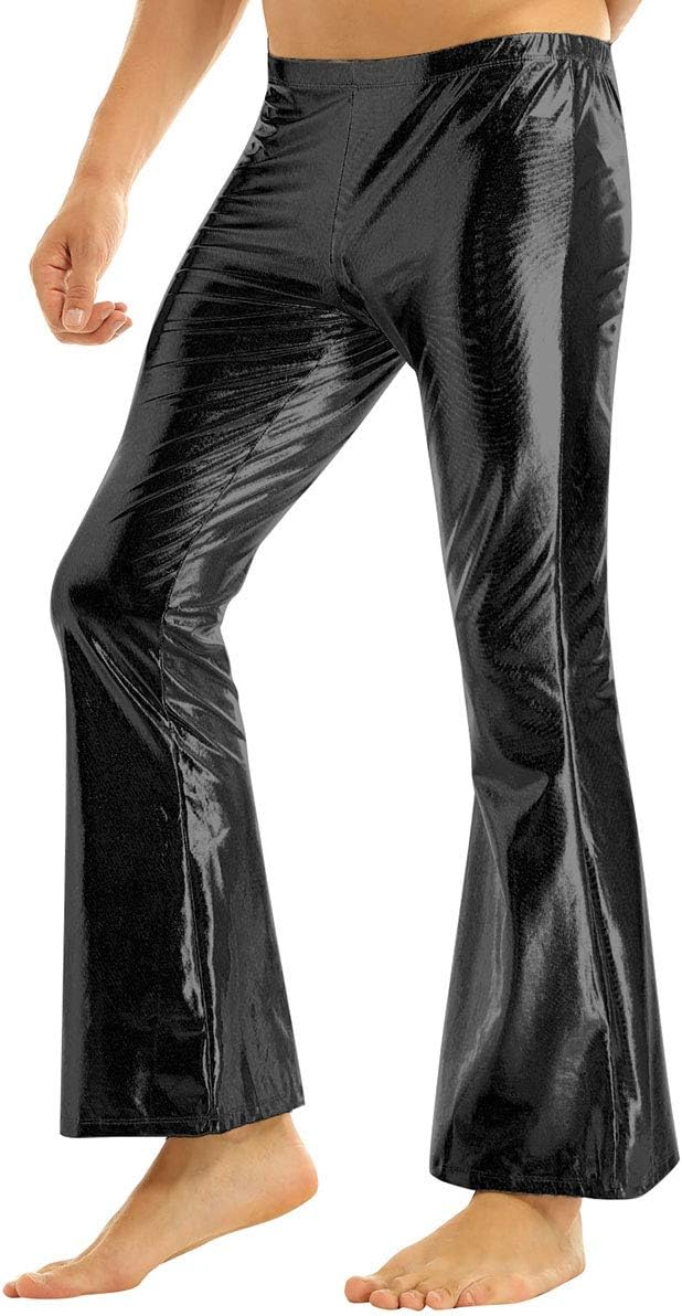 Men's Metallic Faux Leather 70s Disco Long Pants Flared Bell Bottom Trousers Retro Dance Costume
