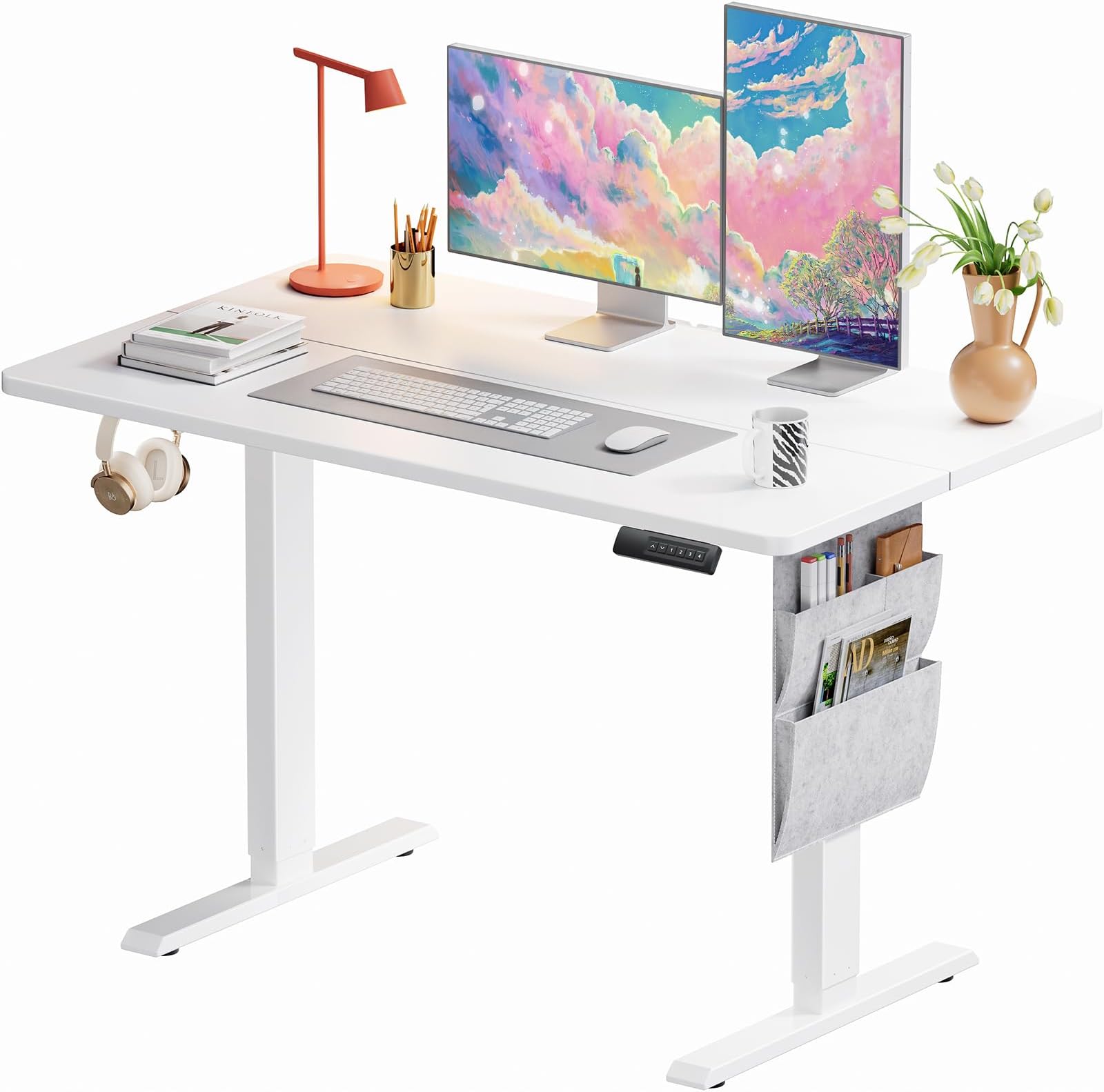 Marsail Standing Desk Adjustable Height,48"*28" Electric Standing White Deskwith Storage Bag,Sit Stand up Deskfor Home Office Writing Computer Table,4 Memory Preset with Headphone Hook,Cable Manager