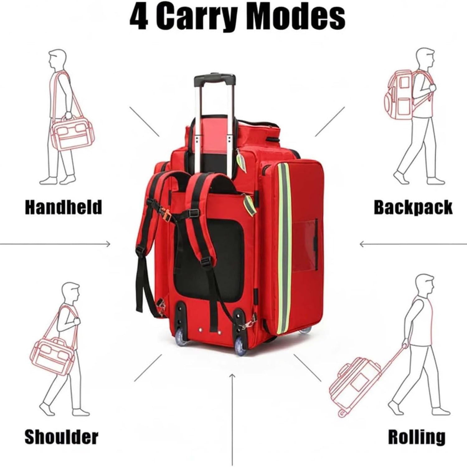 Bolsa carrito médico con ruedas, bolsa de botiquín de primeros auxilios de gran capacidad, mochila médica de emergencia con ruedas, compartimentos y bandas reflectantes para médicos y socorristas