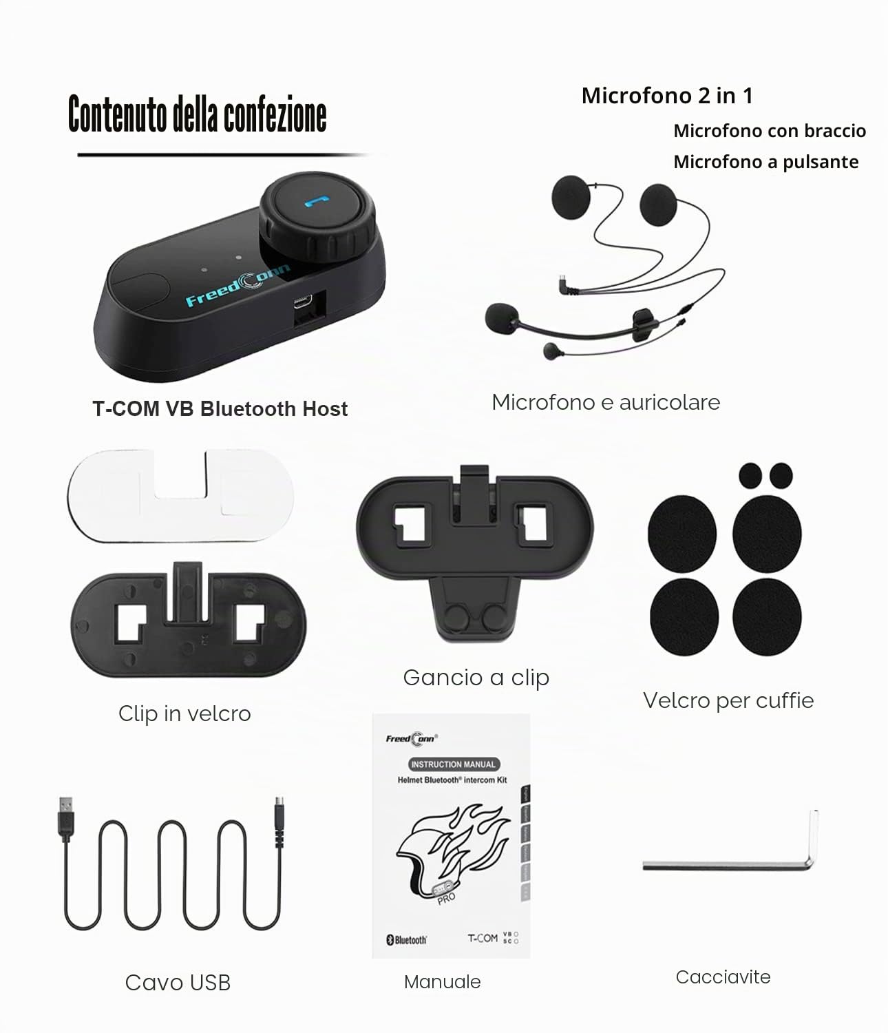 FreedConn Auricolare Bluetooth per casco da moto, TCOM VB 2-Way 800M Sistemi di comunicazione interfono per casco integrale e ribaltabile ecc.(Radio FM/IP65/con microfono 2 in 1) Interfono per moto