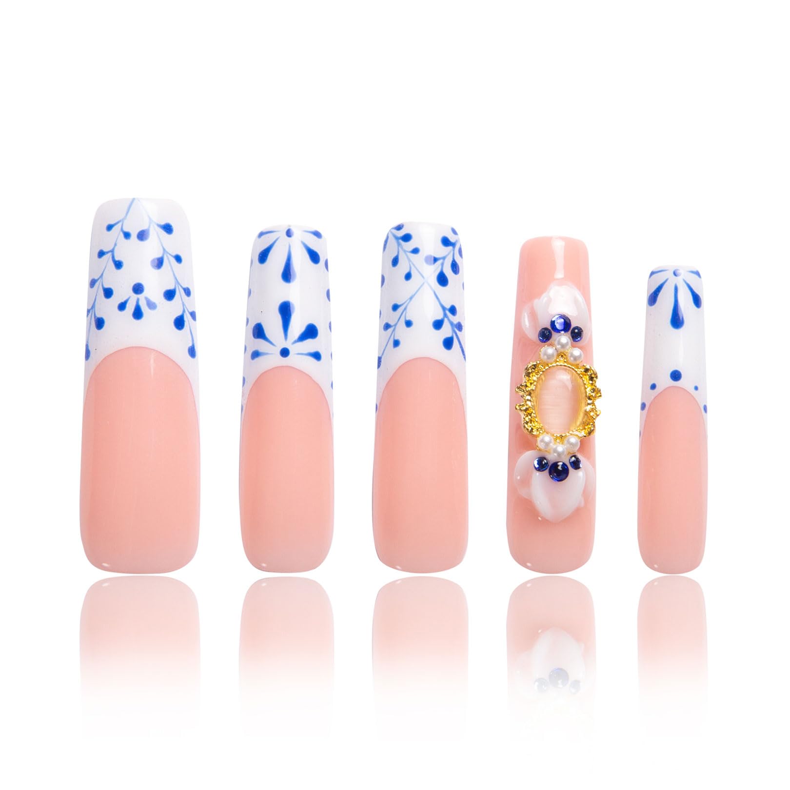 LOVFUL Press on Nails Porcelain Blue| Handmade with Full Covered Crystals| Reusable Fake Nails| Square Mid length 1.7in| H273-S