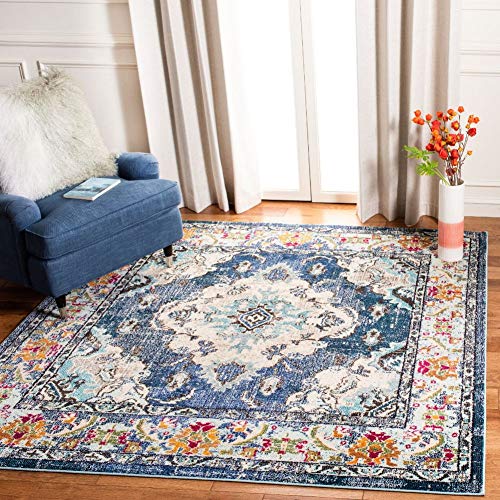 Safavieh Monaco Collection MNC243F Bohemian Chic Medallion Distressed Area Rug, 3' Square, Navy/Light