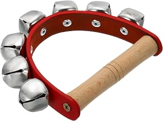 PATIKIL 1pcs Hand Jingle Bells, Hand Bell Handheld Wrist Bells Sleigh Bells Wooden Hand Percussion Instruments Musical with 7 Bells for Music Class Party Christmas, Red