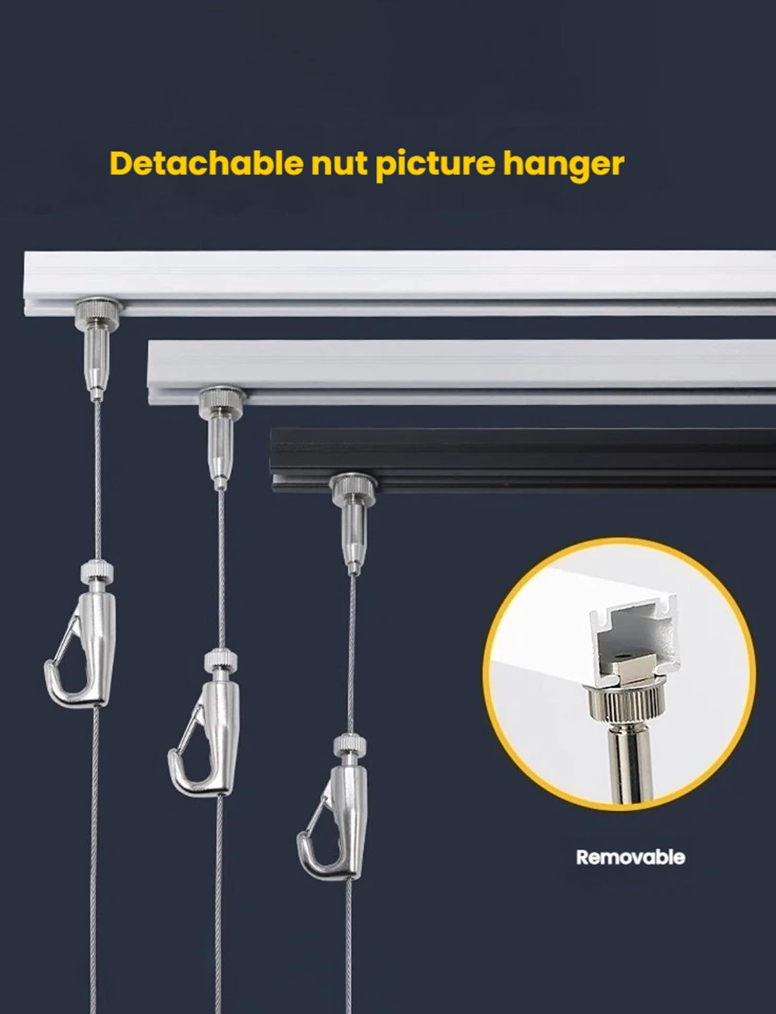 Rail d'accrochage pour tableaux, Kit de suspension for cimaise, câbles en acier, crochets réglables 50-200cm(115cm/45.28in)