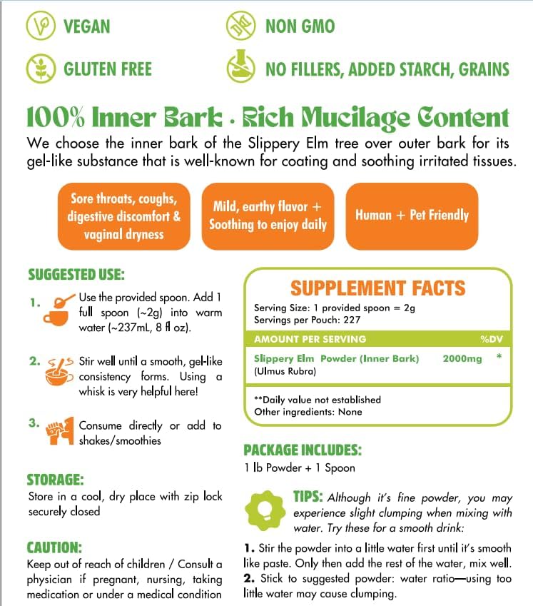Slippery Elm Bark Powder 1lb for Intimate Moisture, Soothing Throat & Coughing, Digestive & Gut Health, Superior Inner Bark Source, Non-GMO, Pet Friendly Natural Herb - Image 7