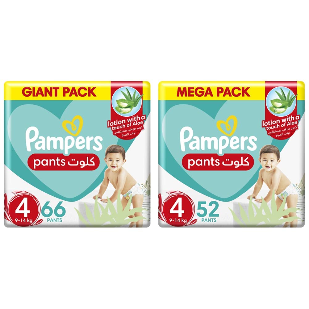 PampersBaby-Dry Pants Diapers Size 4, 9-14kg 66pcs & Baby-Dry Pants Diapers Size 4, 9-14kg With Stretchy Sides for Better Fit 52pcs