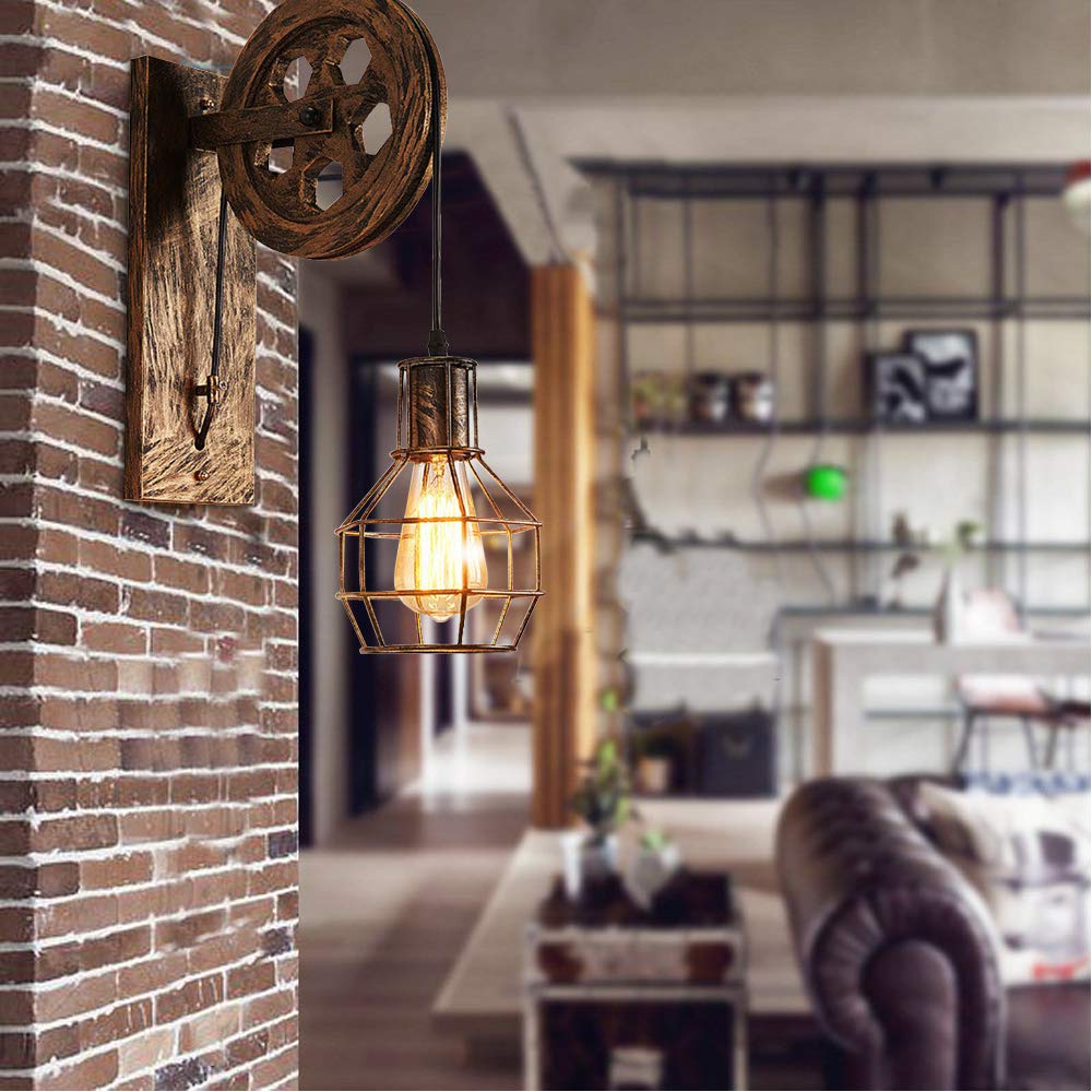 iDEGU Lámparas Industriales Apliques de Pared Estilo de Polea - Luz de Pared para Dormitorio, Sala de Estar, Restaurante, Bar (2 piezas - Bronce)