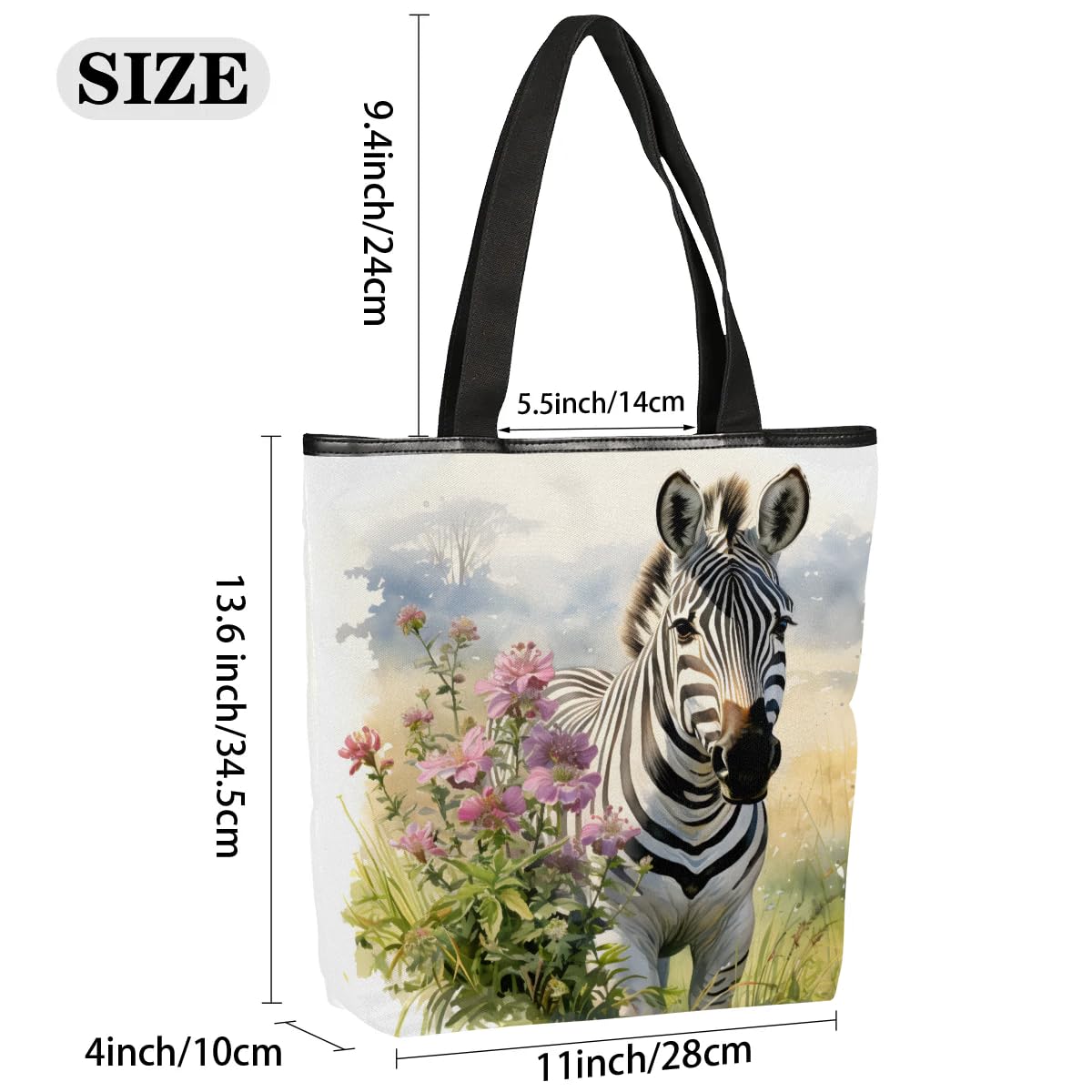 Mularoka Watercolour Zebras Flowers Canvas Tote Bag with Zipper and Pockets Canvas Tote Shopping Bag Women Reusable Grocery Bag for Beach Travel Gym Shopping