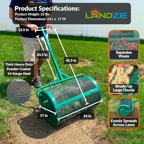 LANDZIE - The Original 24 Inch Compost and Peat Moss Spreader Roller - Top Soil, Sand, Manure, Mulch, Top Dressing Lawn and Garden Spreader
