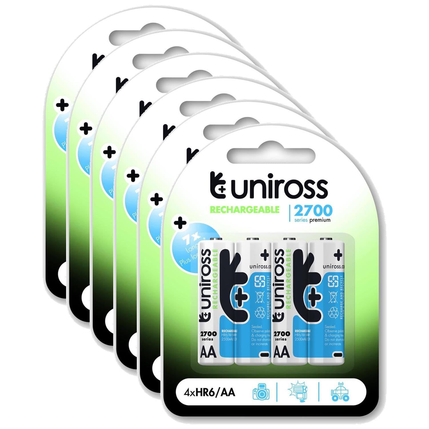 Uniross Pack de 6 x 4 Piles Rechargeables AA/HR6 2700 NIMH HYBRIO, 1.2V