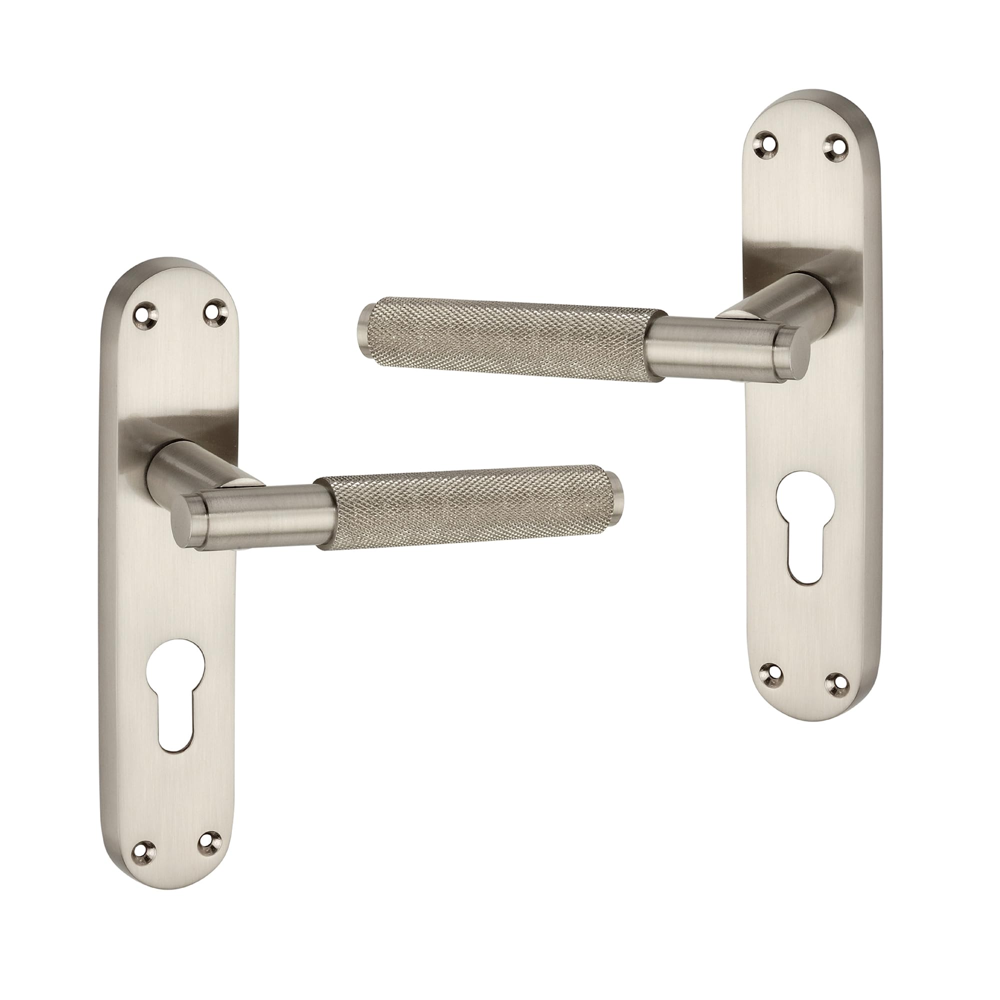 LYRA Modern Style Knurled Design Euro Lever Lock Door Handle on Backplate Set Satin Nickel 185mm x 40mm – Ideal for Internal & External Door Gates