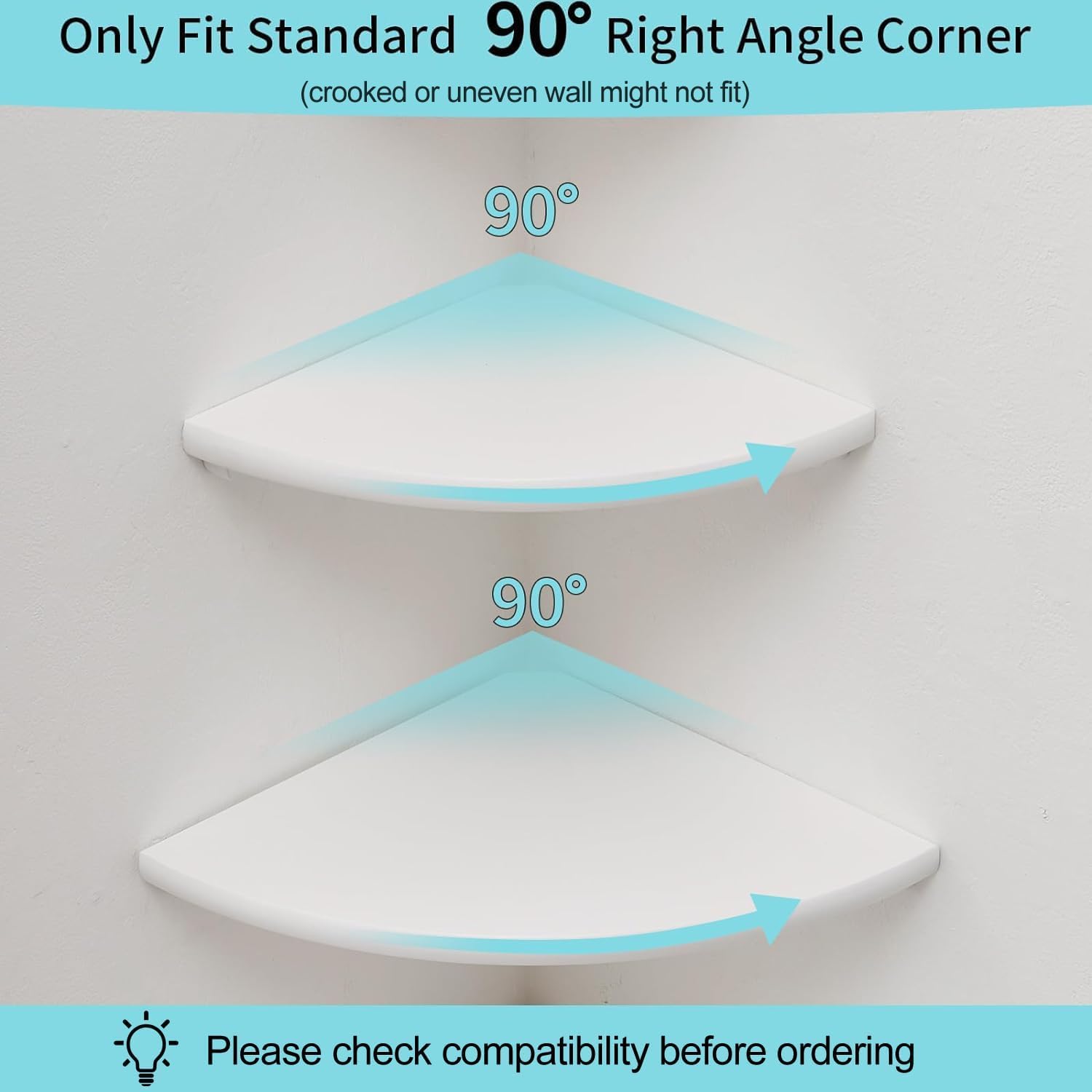 Corner Shelf, White Floating Corner Shelf, Set of 2 7inch Solid Oak Wood Corner Wall Shelves, Round End Wall Mount Display Shelf with Wire Hole for Small Plant for Bedroom Kitchen, Living Room