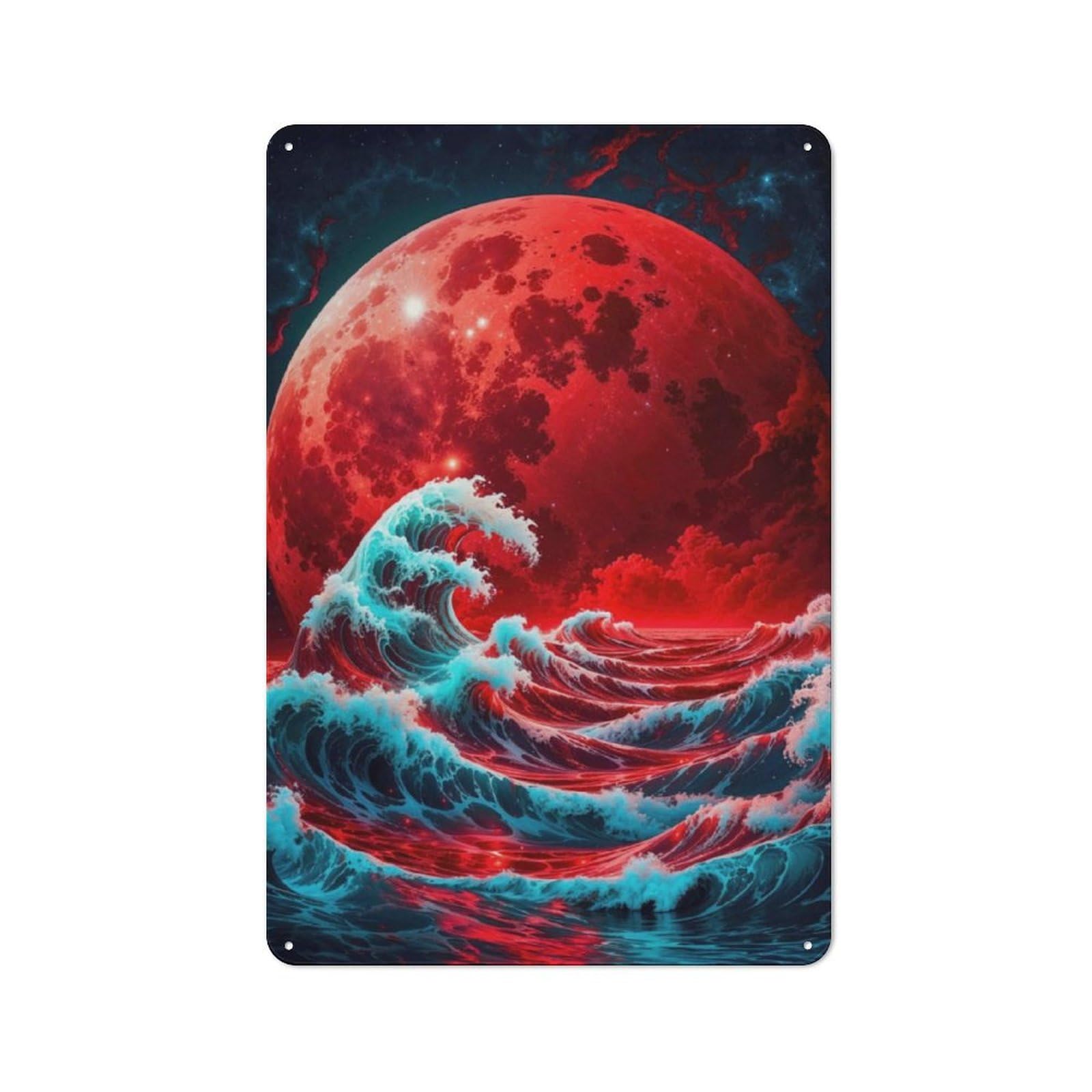 Junmoney The Wave And The Red Moon Tin Sign 30X20cm With For Workshop Wall, Vintage Decor, For Metal Sign Collectors, For Garage And Workshop Walls
