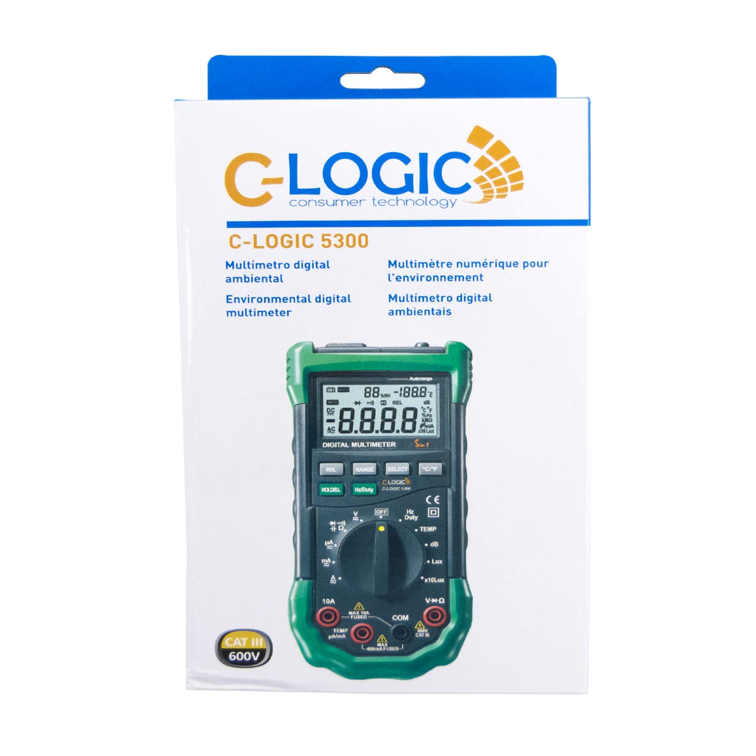 C-LOGIC 5300 Multímetro Digital Profesional Medición de Humedad Luminosidad (Lux) y Nivel de Sonido (Db) 4000 cuentas Tension DC/AC 600V Corriente AC/DC 10A Autorango CAT III