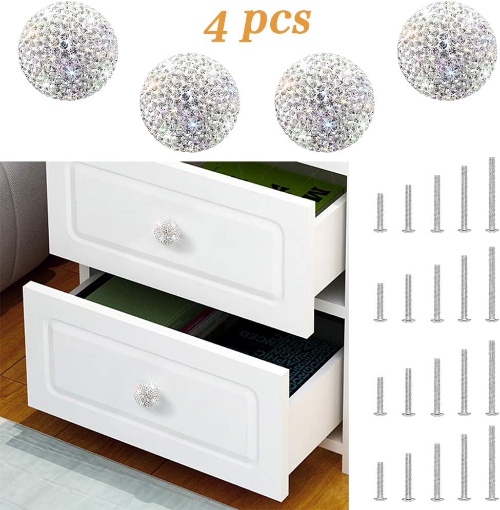 Soleebee 4 Pcs Bling Drawer Knobs,Decoration Dresser Cupboard Knobs,Bling Crystal Rhinestone Cabinet knobs,Round Pull Handle with Screws for Home Kitchen Bathroom Office (White)