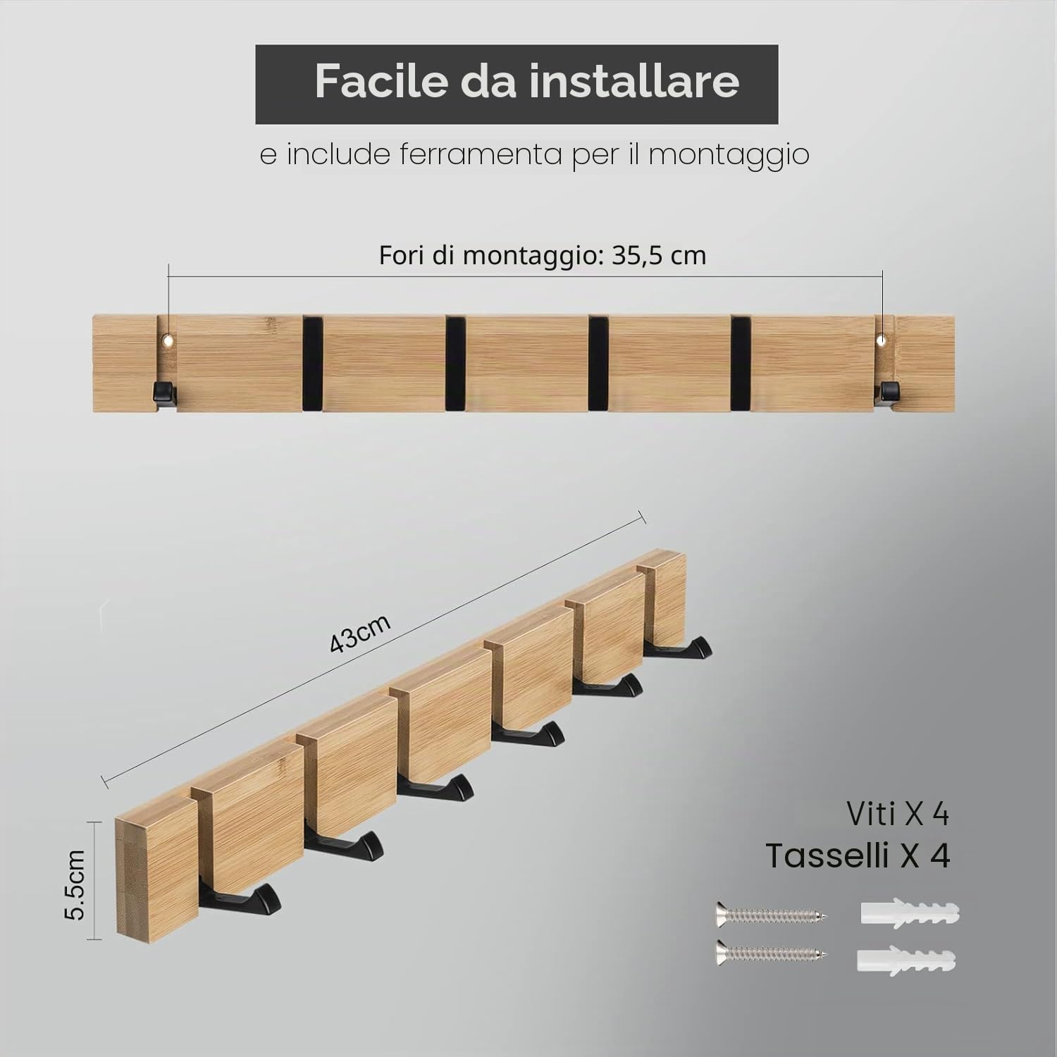 ANVODE Appendiabiti da Parete con 6 Ganci Retrattili Attaccapanni Cappotto da Muro Legno