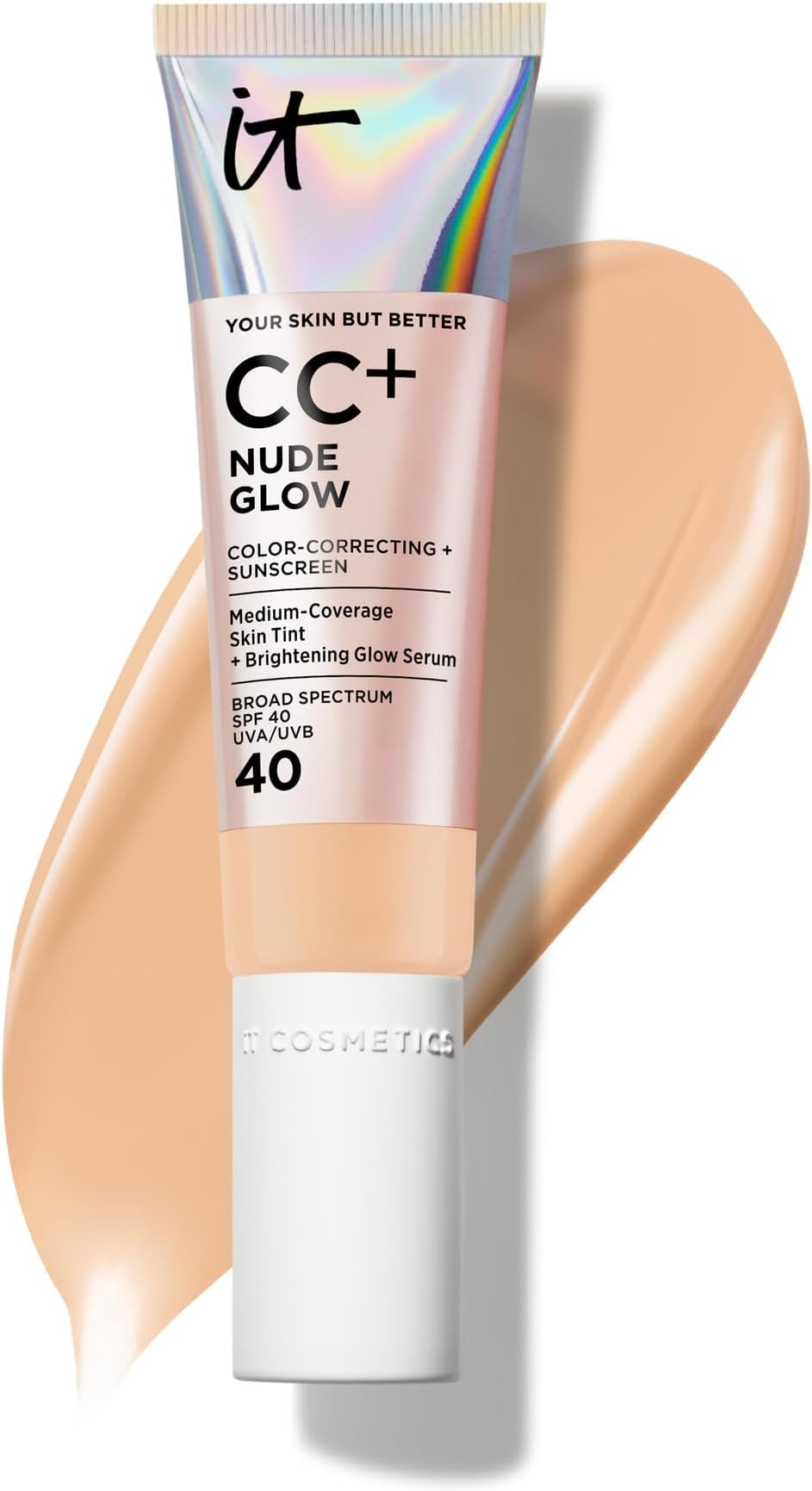 IT Cosmetics CC+ Nude Glow SPF 40 - Medium Coverage Foundation, 2% Niacinamide + Hyaluronic Acid Brightening Glow Serum, Lightweight Up to 24H Hydration, Normal to Dry & Mature Skin - 1.08 fl oz
