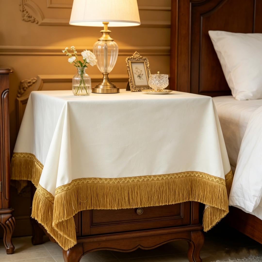 F-CHU Small Velvet Tablecloth, 36 x 36 Inch, Solid White, Round, Gold Tassel Trim