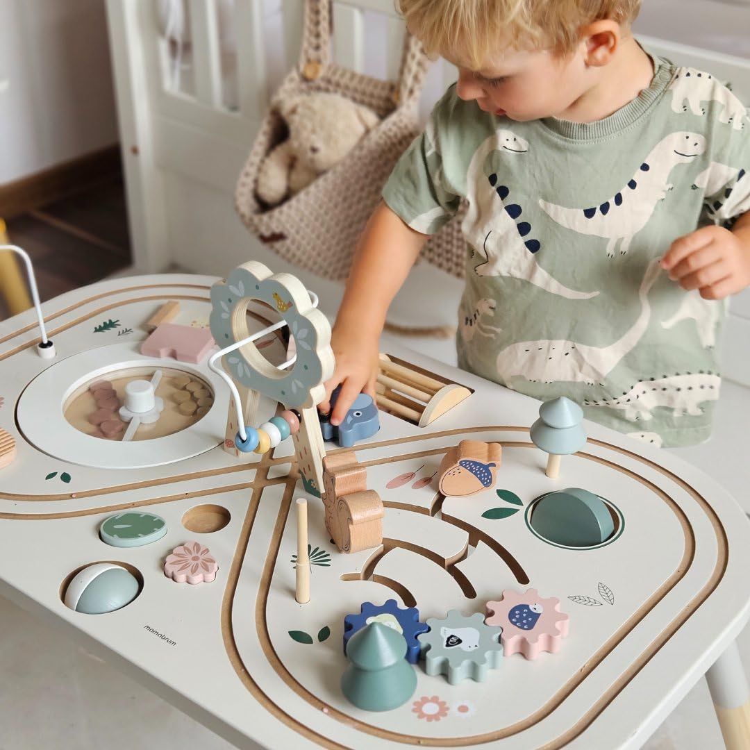 mamabrum Mesa Educativa de Madera 10 en 1 - Juguete Didáctico con Actividades Sensoriales para Niños +1 Año - Centro de Juegos con Engranajes, Laberinto y Tren - 81x52x64,5 cm