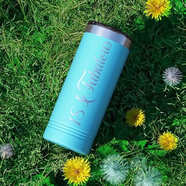 18 & Fabulous 22 oz Skinny Tumbler 18th Birthday Gifts For Girls on Lite Blue Decorations Funny Present Vacuum Insulated Cup with Lid
