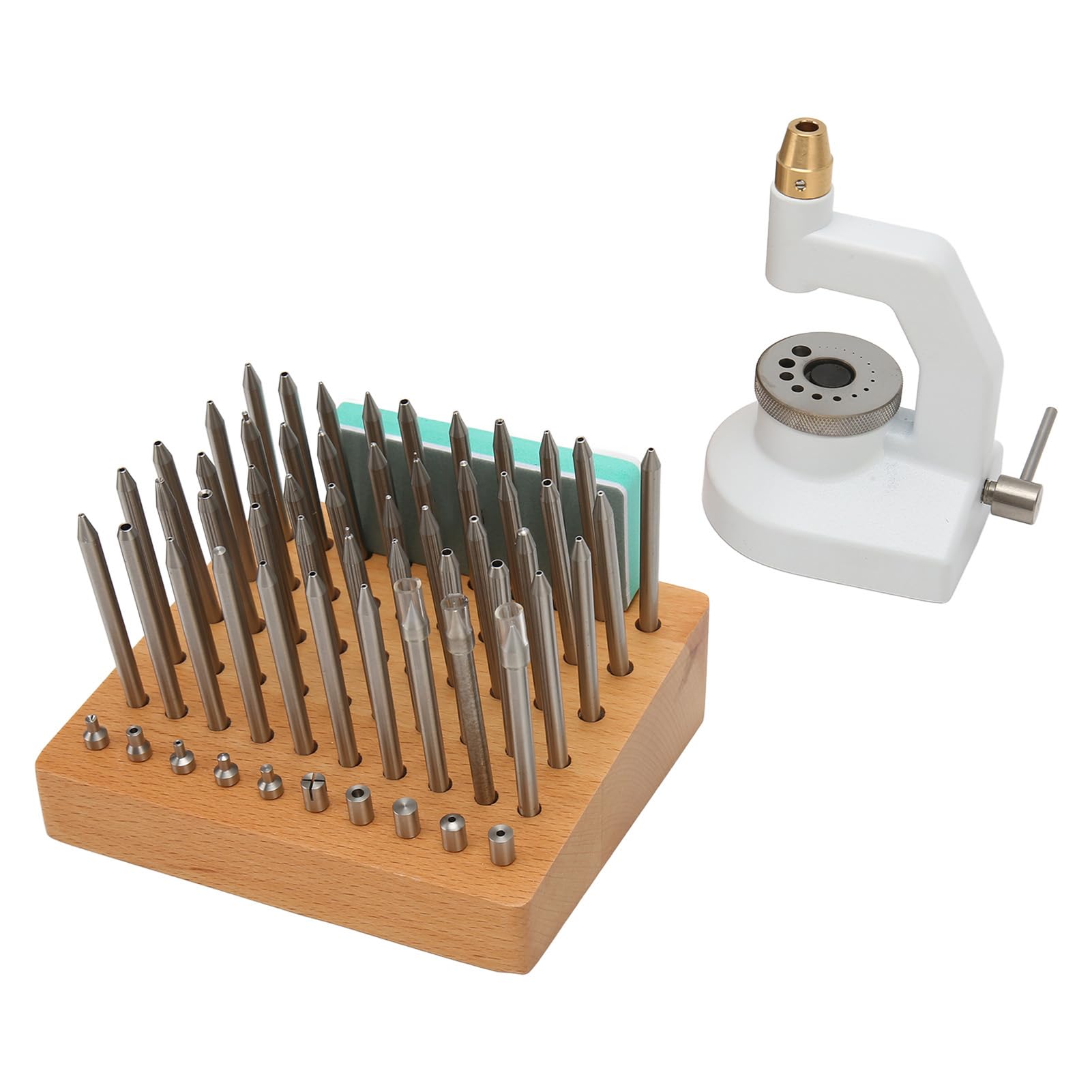 Fockety Herramienta de reparación de relojes, herramienta de prensa de relojes, kit de perforación de joyería con 50 punzones y 10 perforadores, mango ergonómico antideslizante